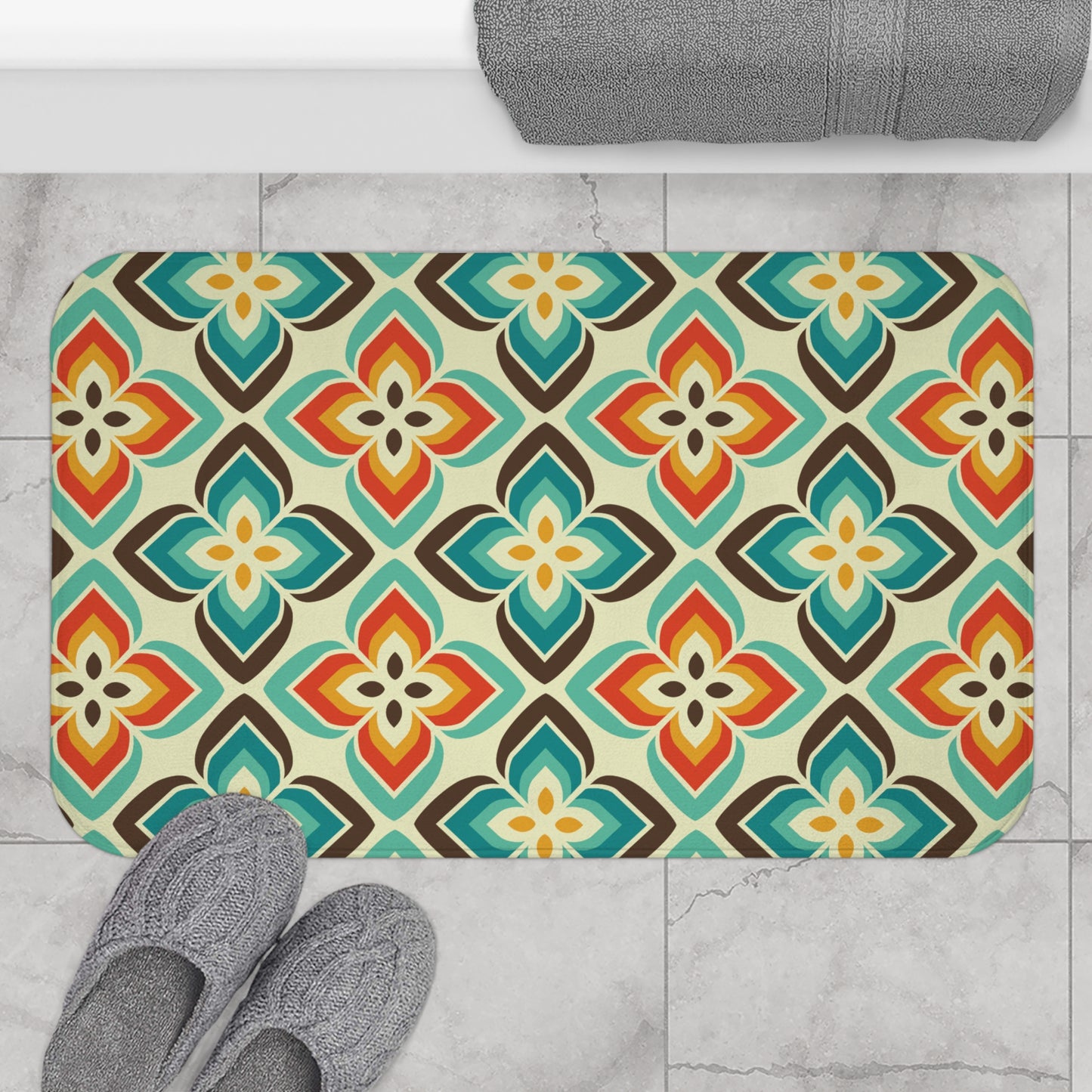 Retro 50s 60s Flowers Mid Century Blue & Orange Bath Mat