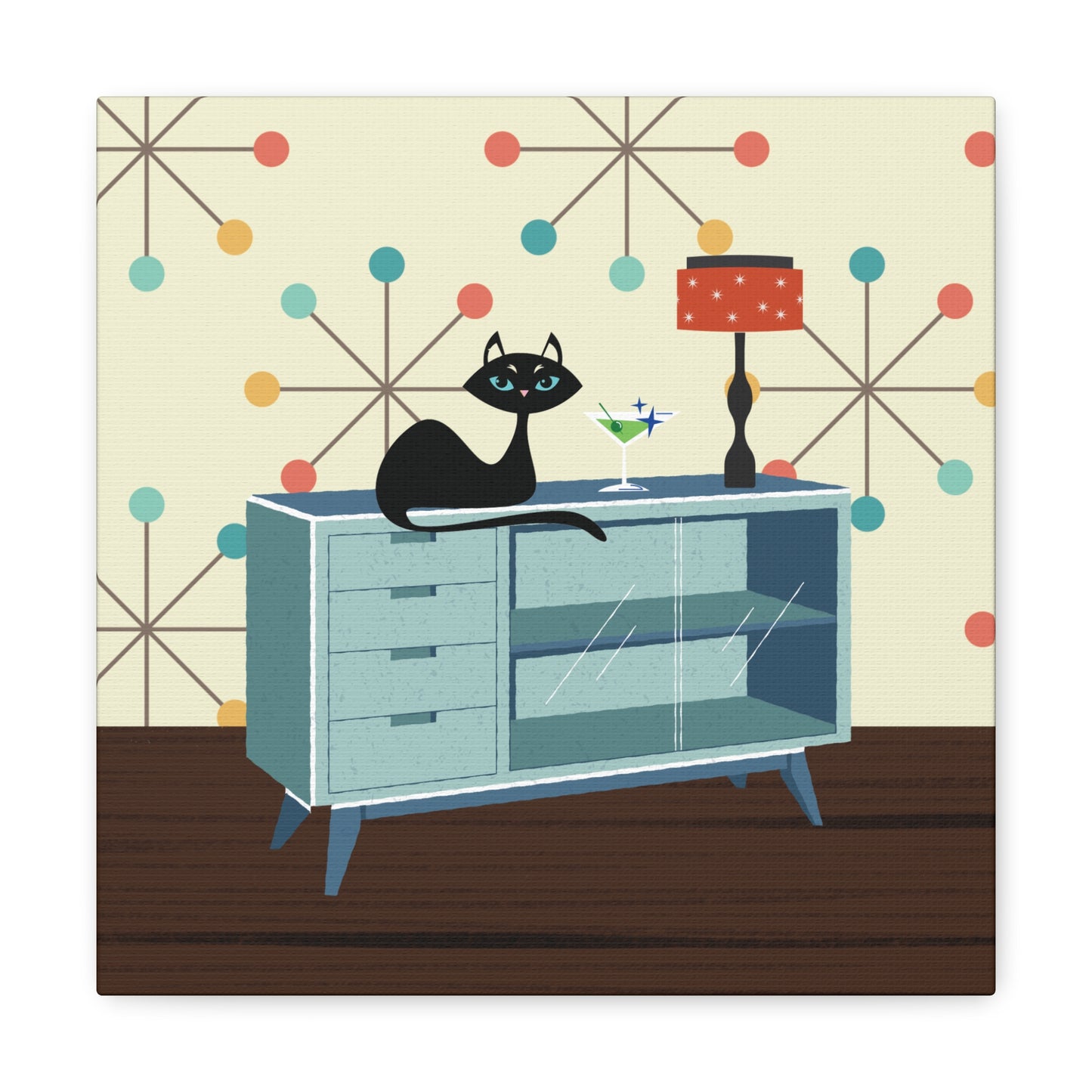 Retro 50s Atomic Cat Lounging Mid Century Mod Multicolor Canvas Gallery Wrap