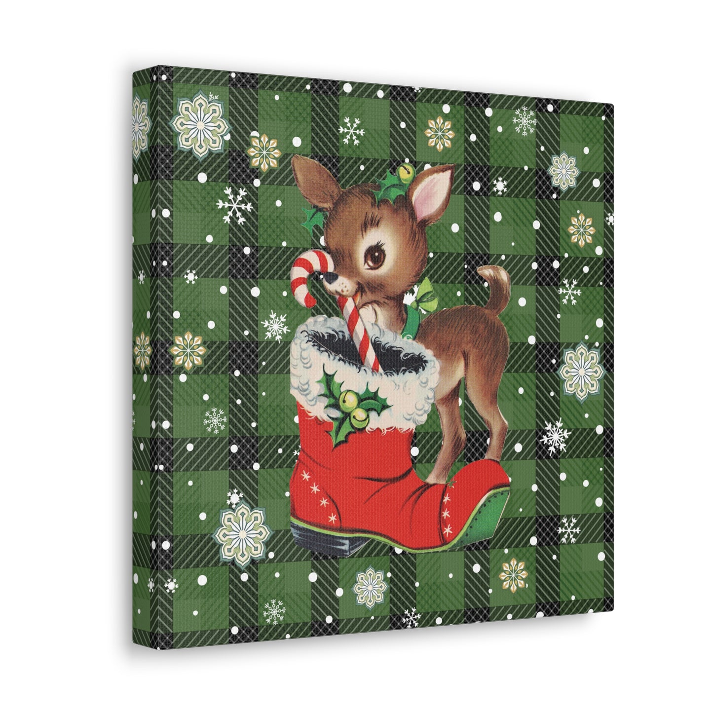Retro 50s Christmas Vintage Reindeer MCM Green Canvas Gallery Wrap