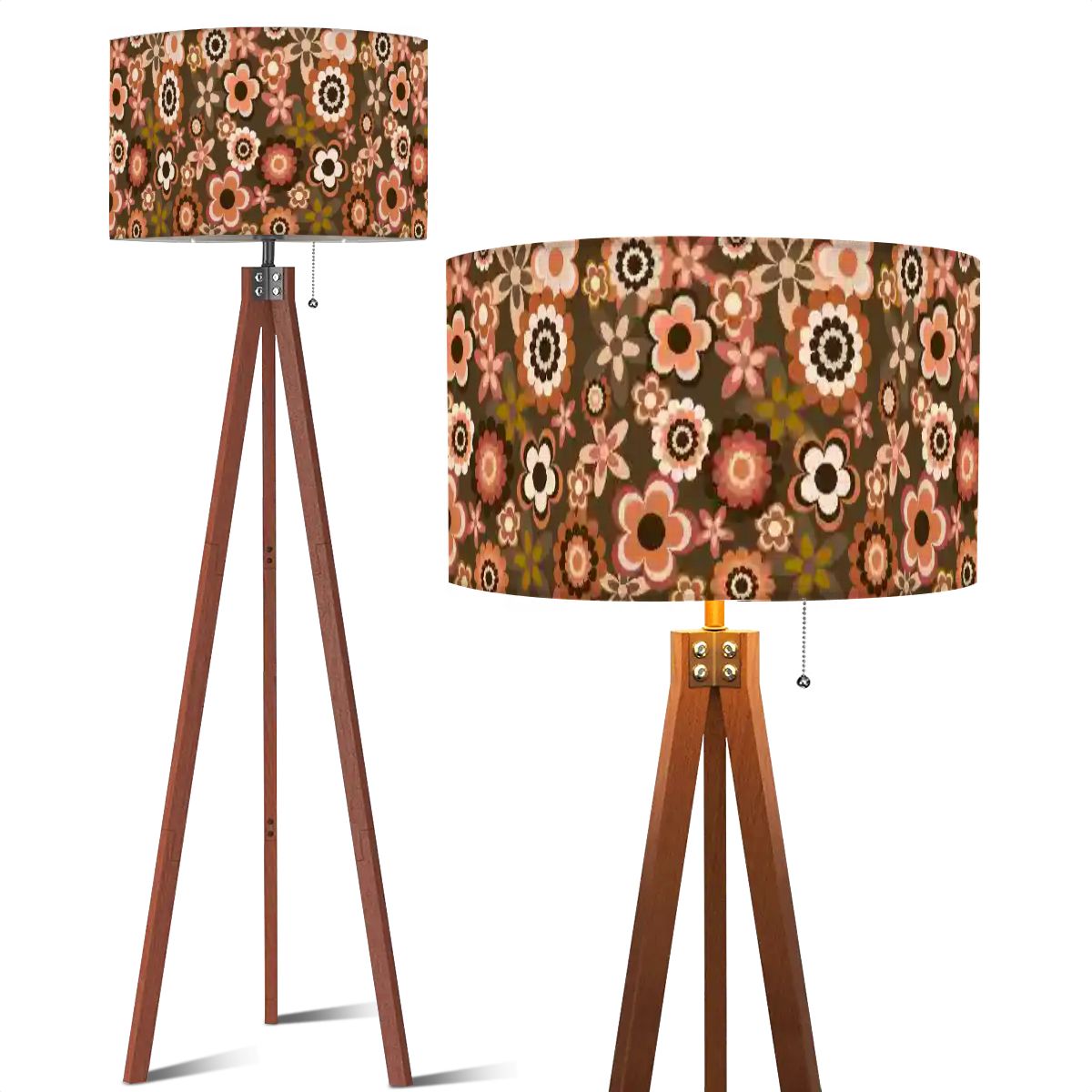 Retro 60s 70s Groovy Flowers Boho MCM Brown Tripod Floor Lamp