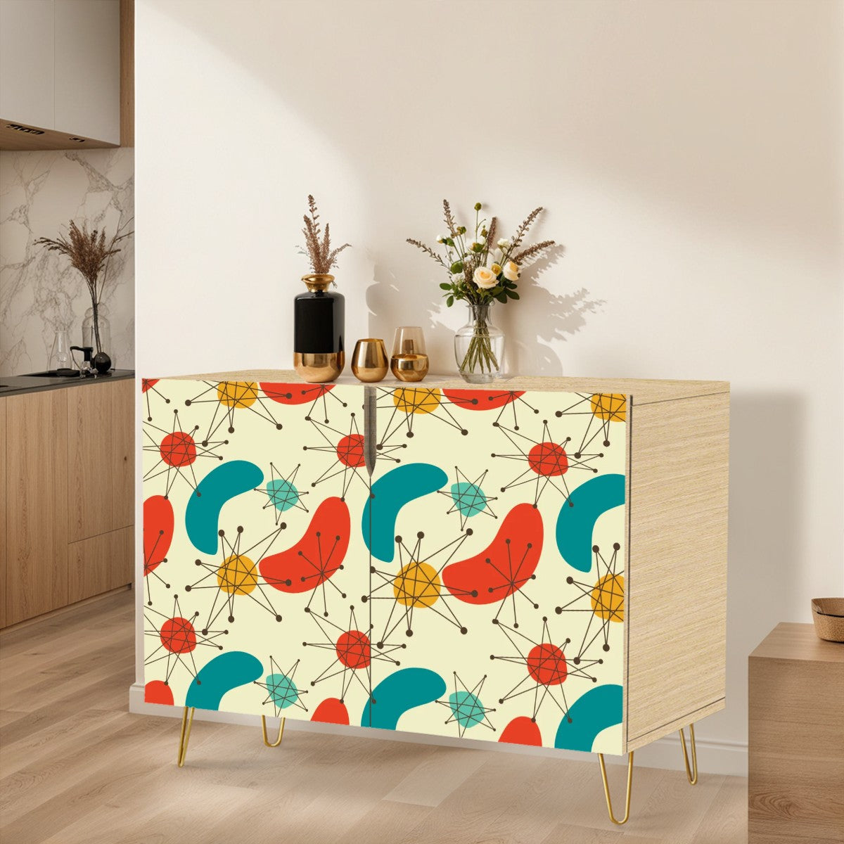 Retro 50s 60s Atomic Burst and Boomerang Mid Century Mod Blue & Orange Sideboard, Credenza, Wooden Storage Cabinet