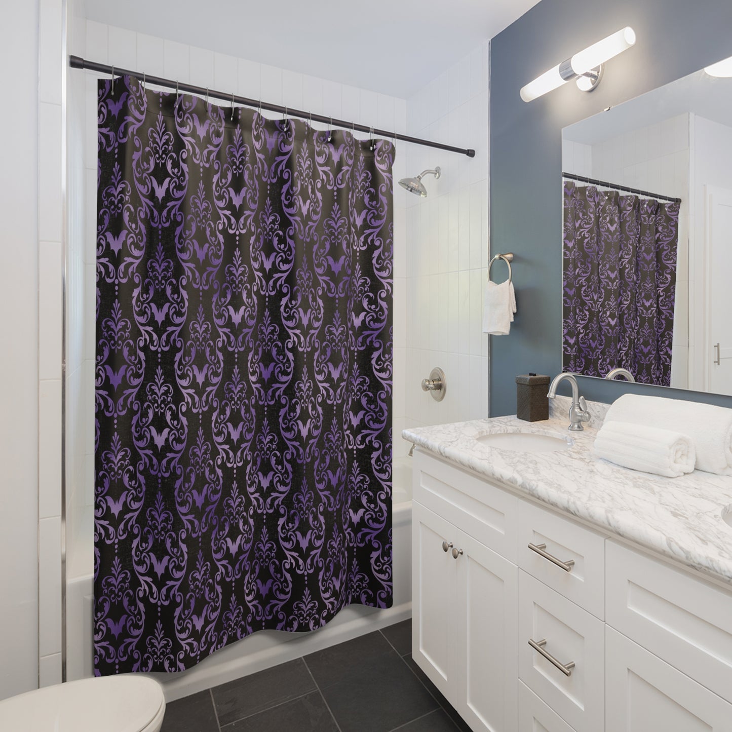 Dark Academia Damask Bat, Victorian Goth Inspired Purple & Black Glam Goth Shower Curtain