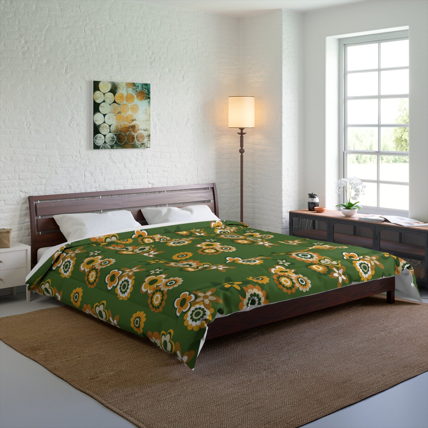 Retro 60s 70s Groovy Flowers Mid Century Mod Mustard & Green Comforter