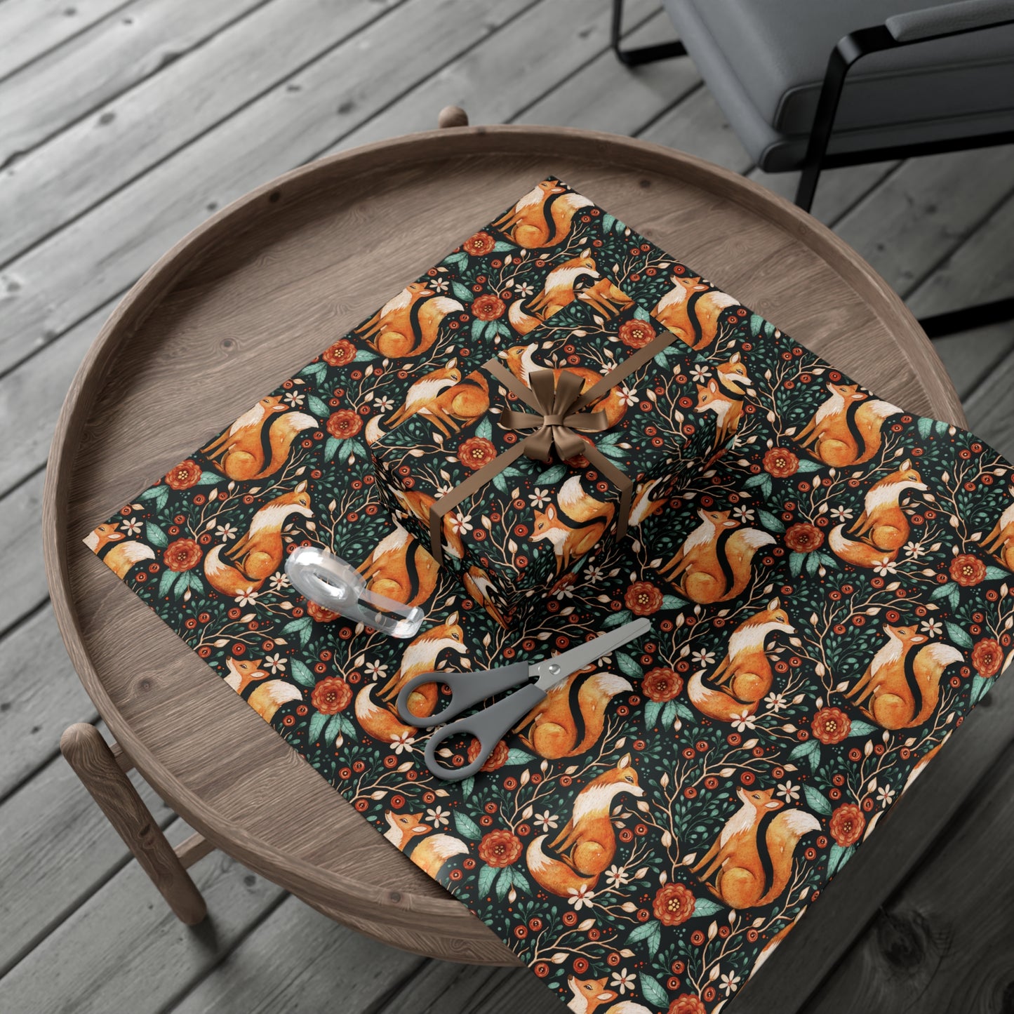 Enchanted Woodland Fox, Dark Cottagecore Watercolor Style Black Eco-Friendly Gift Wrap