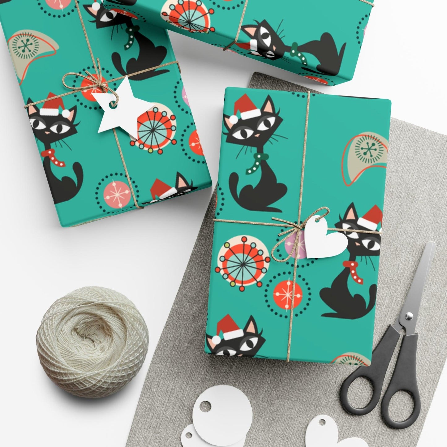 Retro 50's Atomic Cat Christmas Kitschy Mid Century Modern Teal Blue Eco-Friendly Wrapping Paper | lovevisionkarma.com