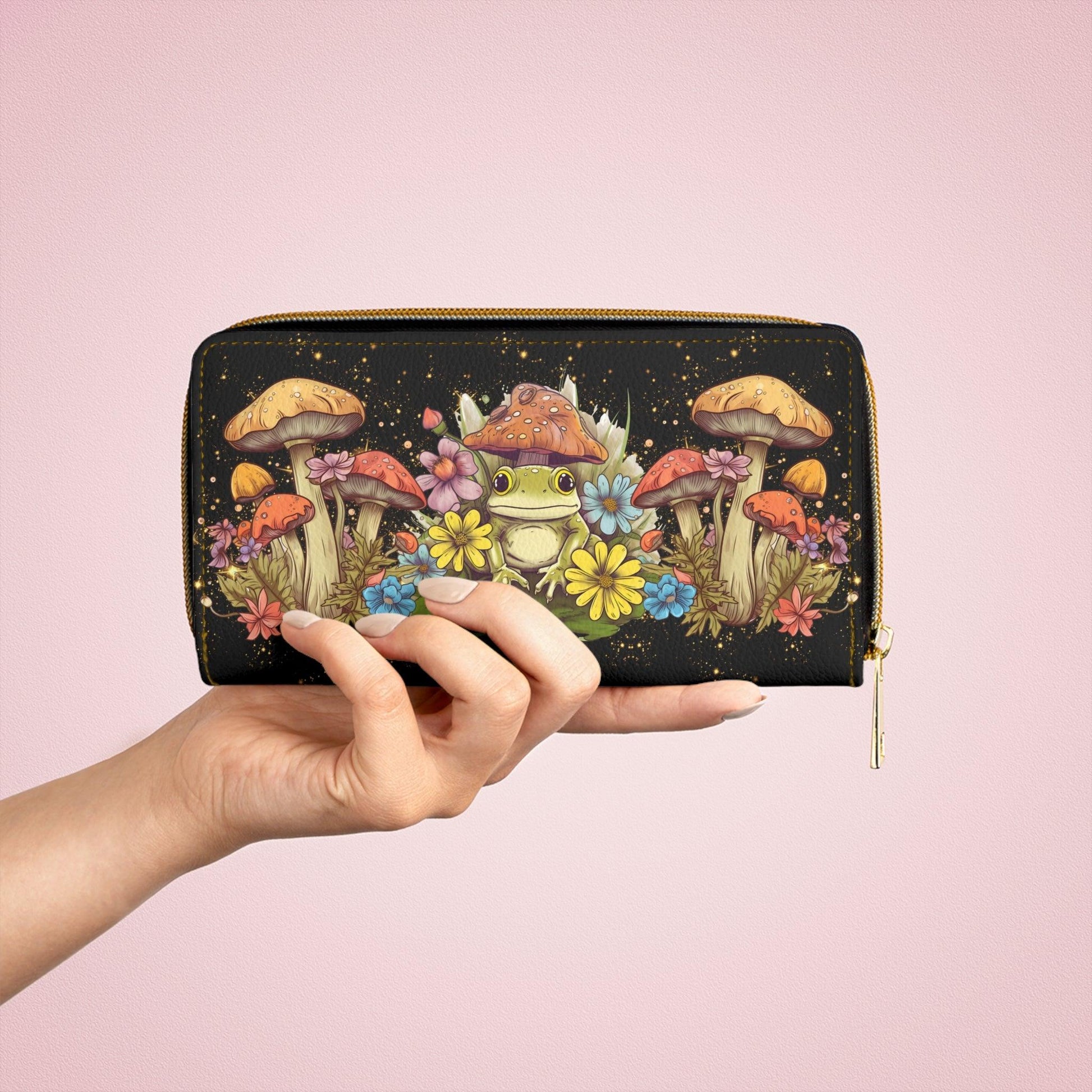 Mushrooms & Frog Boho Cottagecore & Mushroomcore Multicolor Zipper Wallet | lovevisionkarma.com