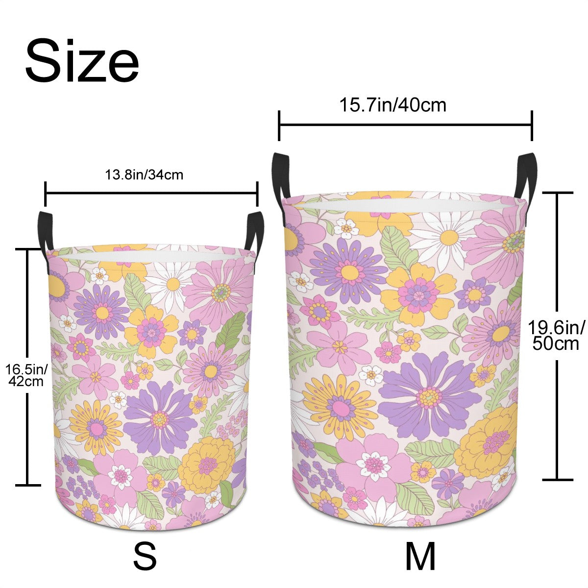 Retro 60s 70s Groovy Boho Flowers Pink, Yellow & Purple Mid Century Mod Round Laundry Hamper