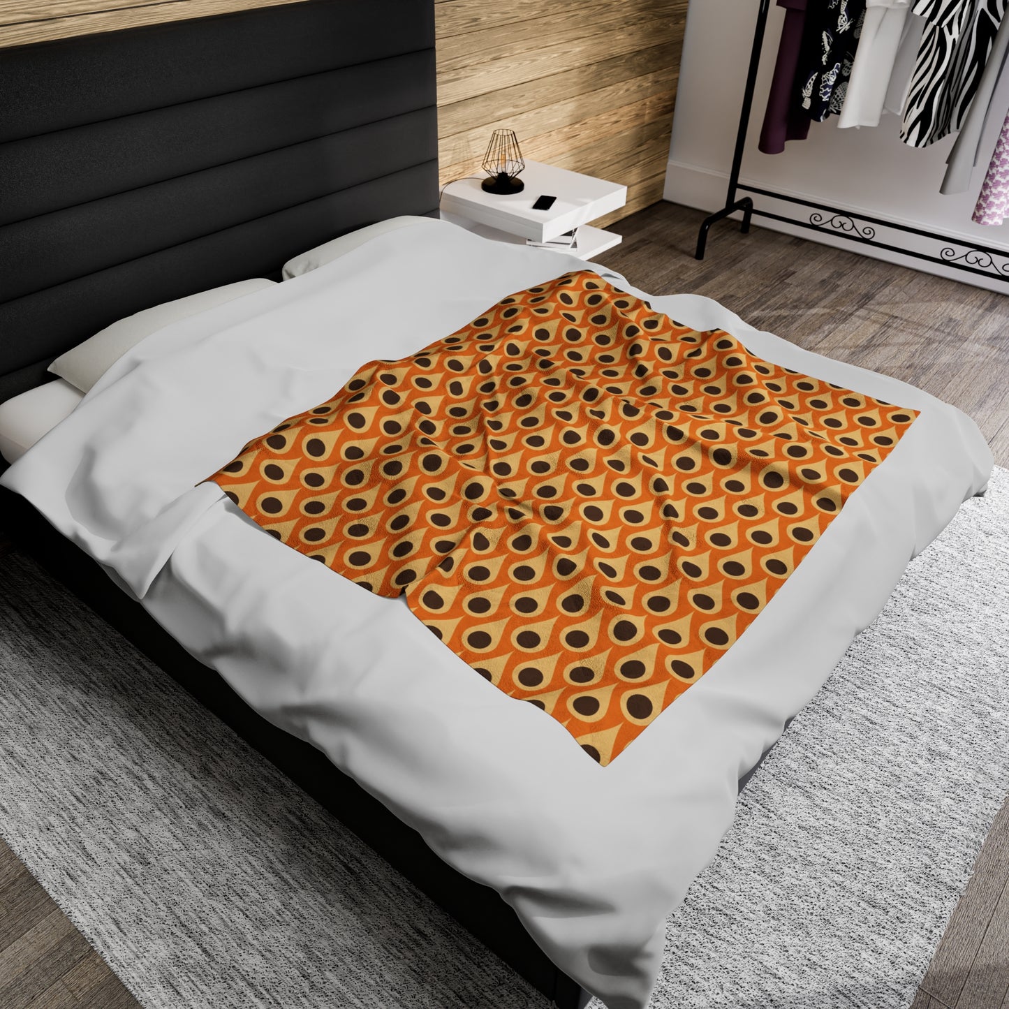 Retro 60s 70s Mid Century Mod Funky Mustard, Orange & Brown Lightweight Velveteen Blanket