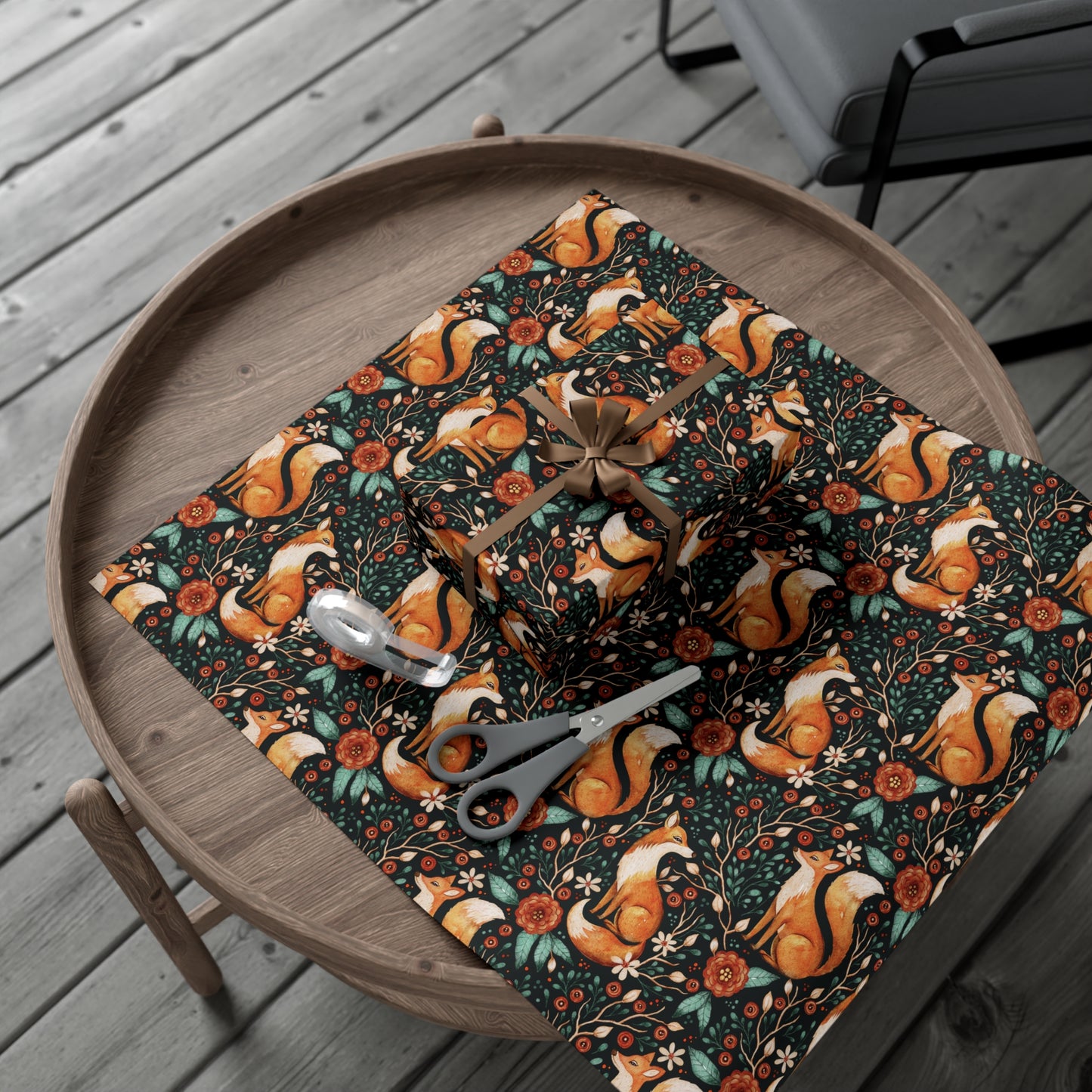 Enchanted Woodland Fox, Dark Cottagecore Watercolor Style Black Eco-Friendly Gift Wrap