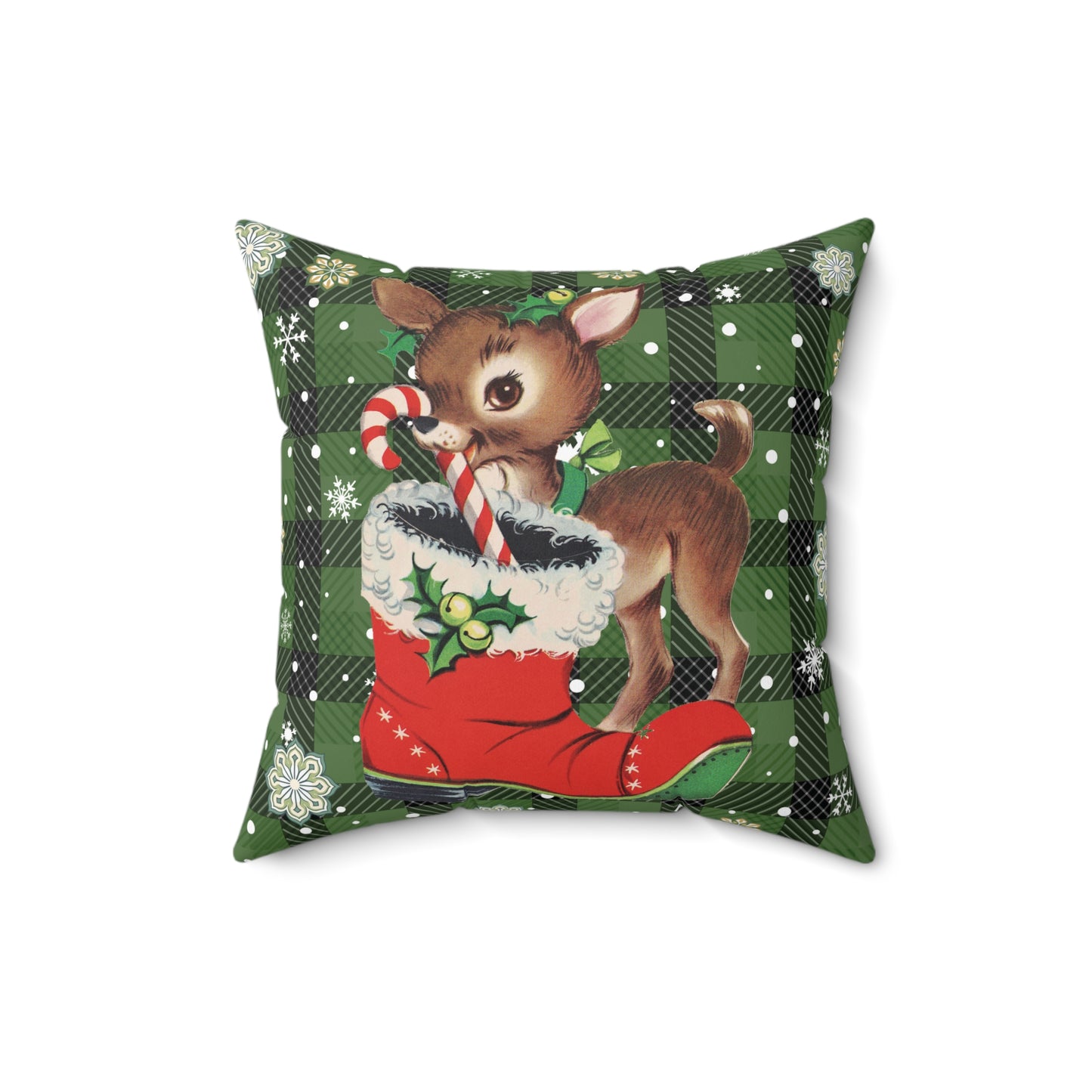 Retro 50s Christmas Vintage Reindeer MCM Green Throw Pillow