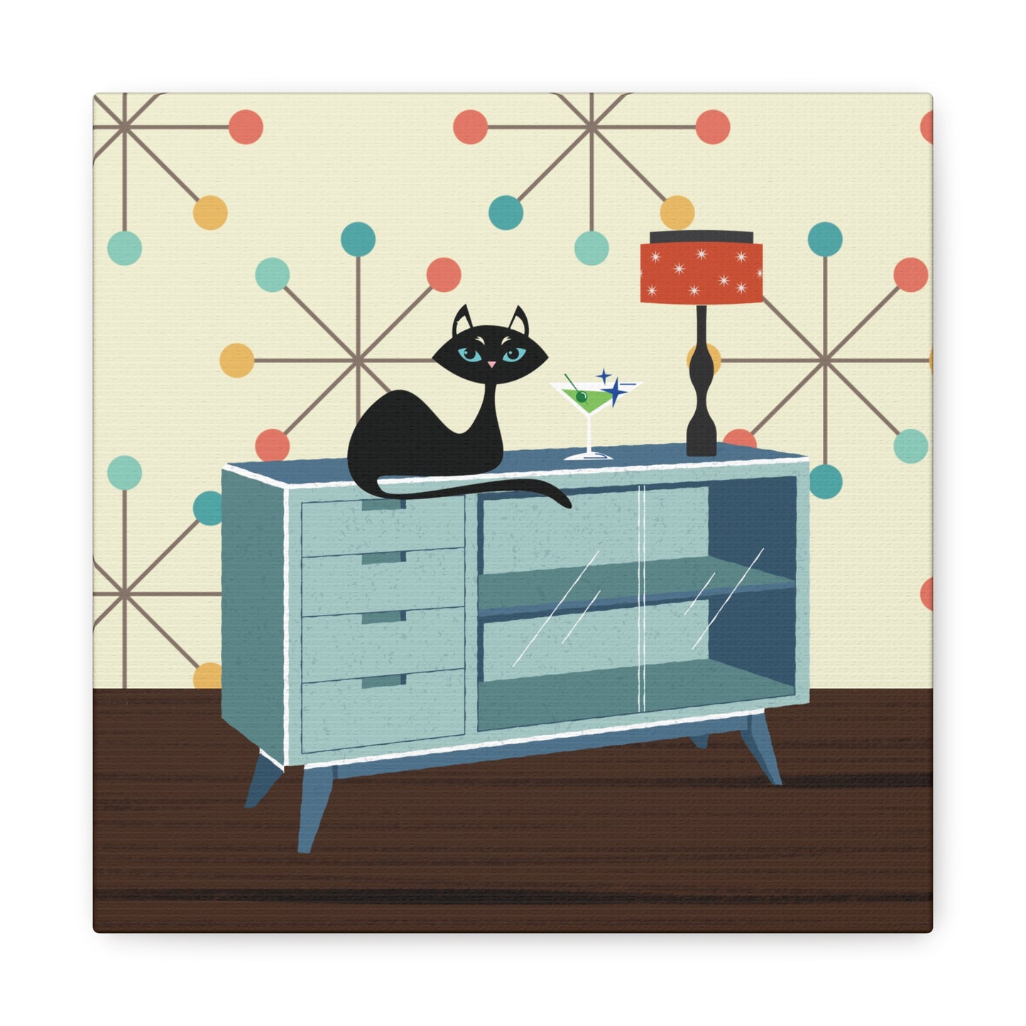 Retro 50s Atomic Cat Lounging Mid Century Mod Multicolor Canvas Gallery Wrap