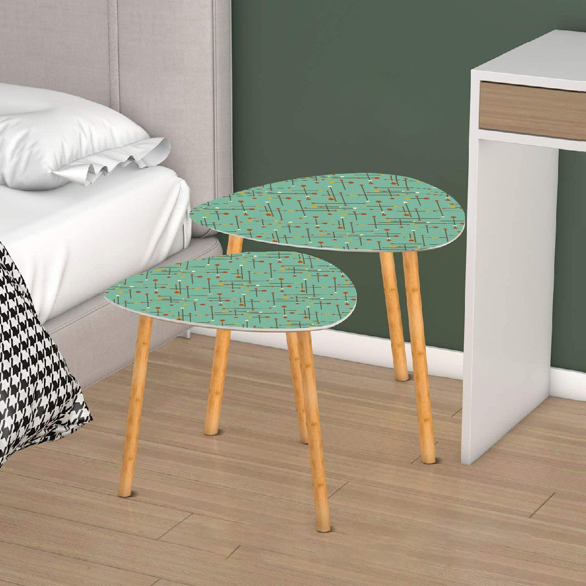 Retro 50's Eames Inspired Mid Century Mod Lines Teal Blue Nesting Accent Tables