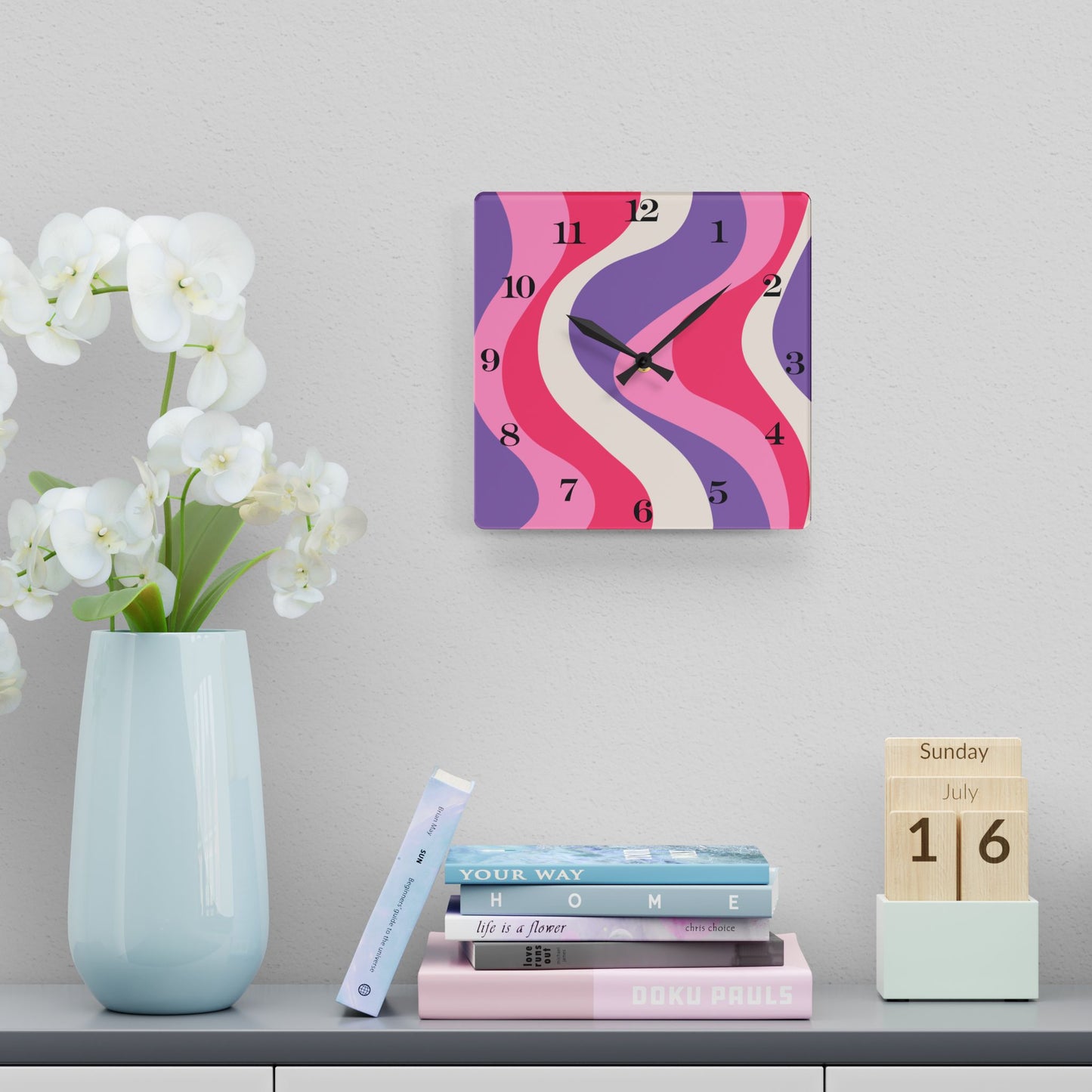 Groovy 60's Hippie Swirl Pink & Purple Mid Century Mod Acrylic Wall Clock