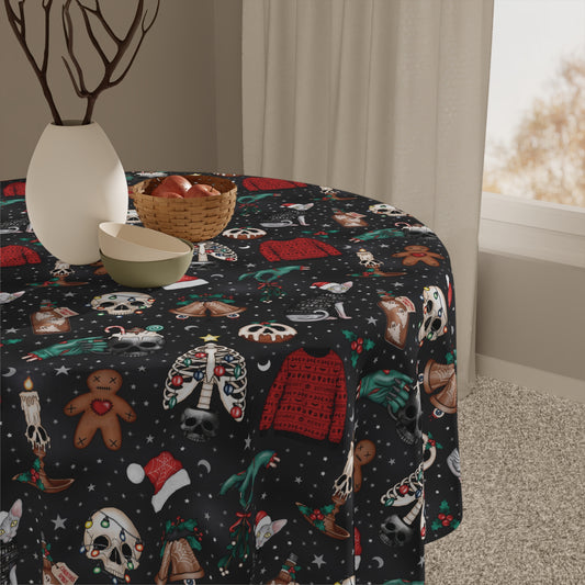 Kitschy Kawaii Goth Christmas, Creepy Cute Whimsigoth Creepmas Black Tablecloth
