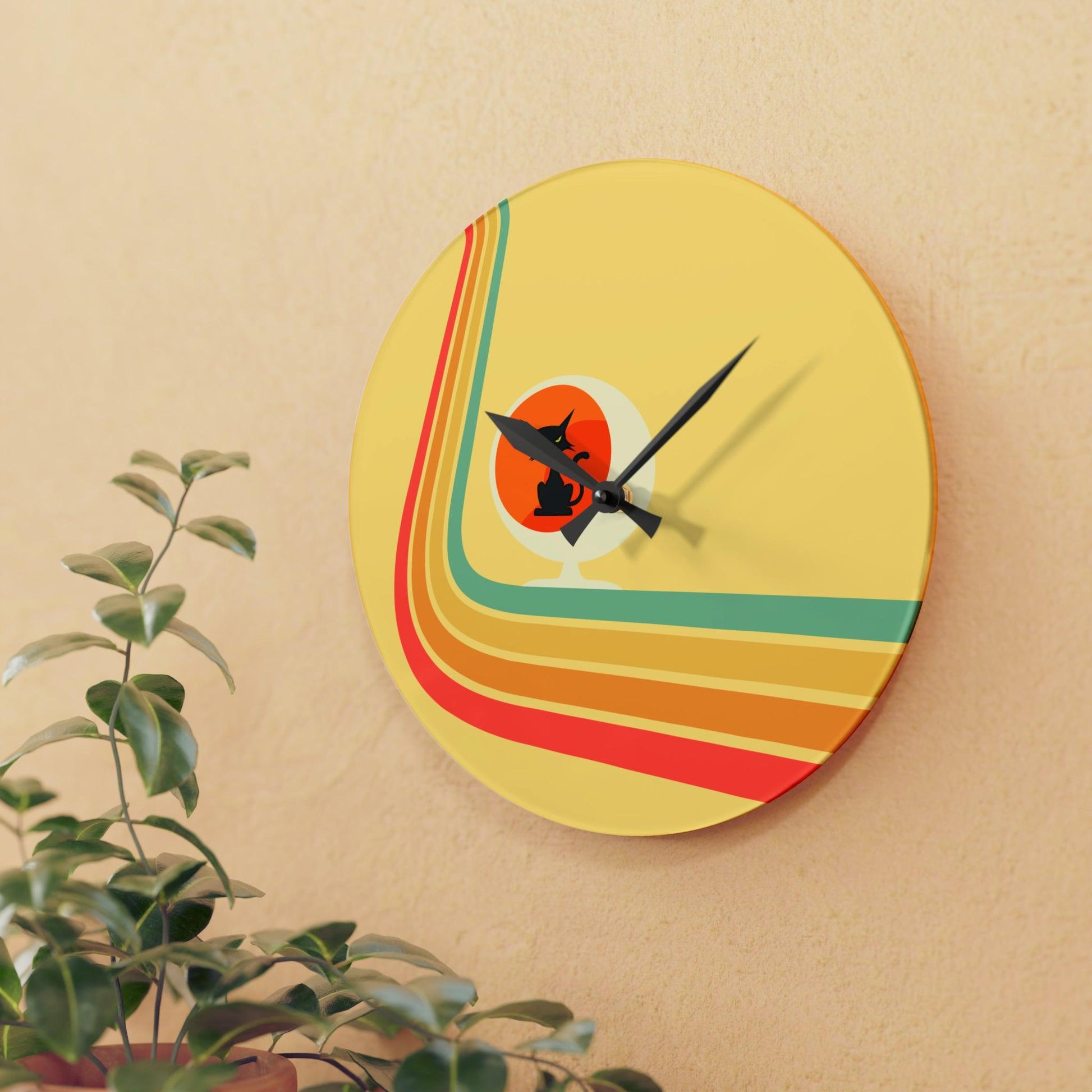 Retro Atomic Cat in Ball Chair, Yellow Mid Century Mod Acrylic Wall Clock | lovevisionkarma.com