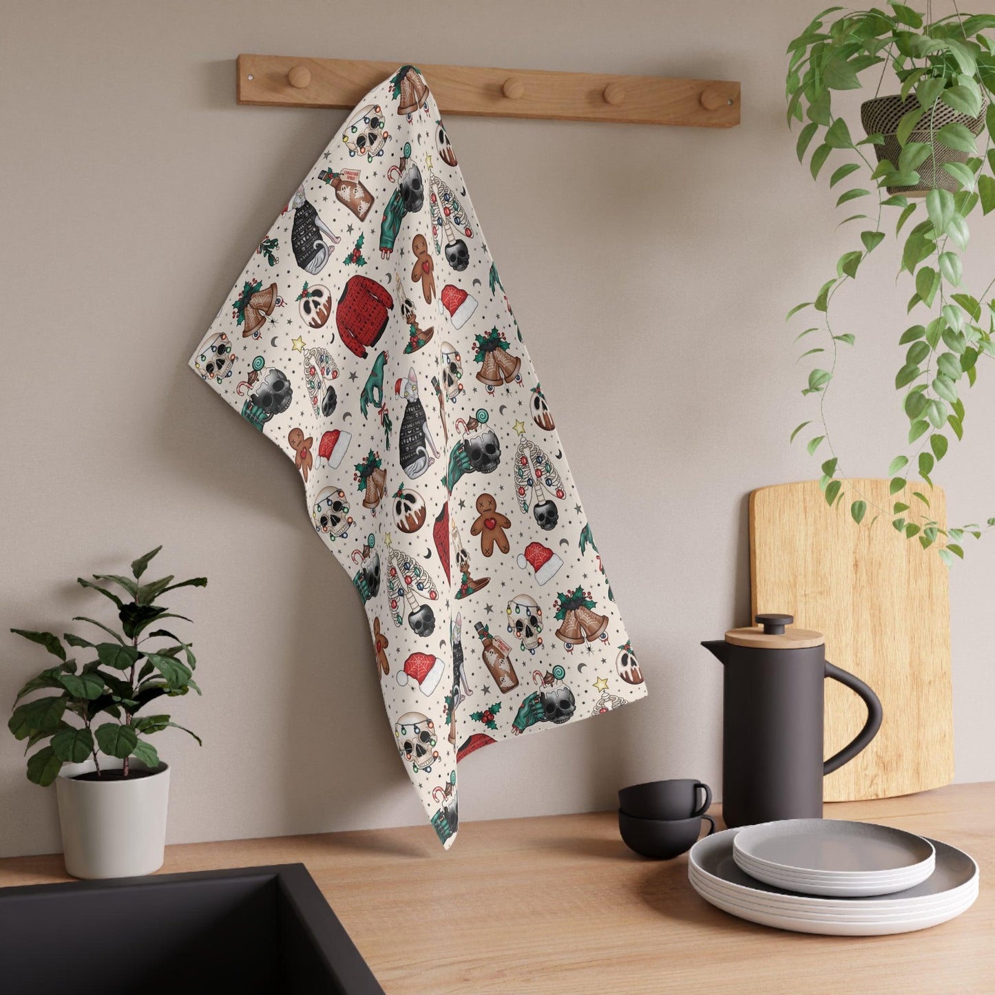 Goth Christmas Kitschy Skulls, Zombie Hands, Cats Creepmas Multicolor Kitchen Tea Towel | lovevisionkarma.com