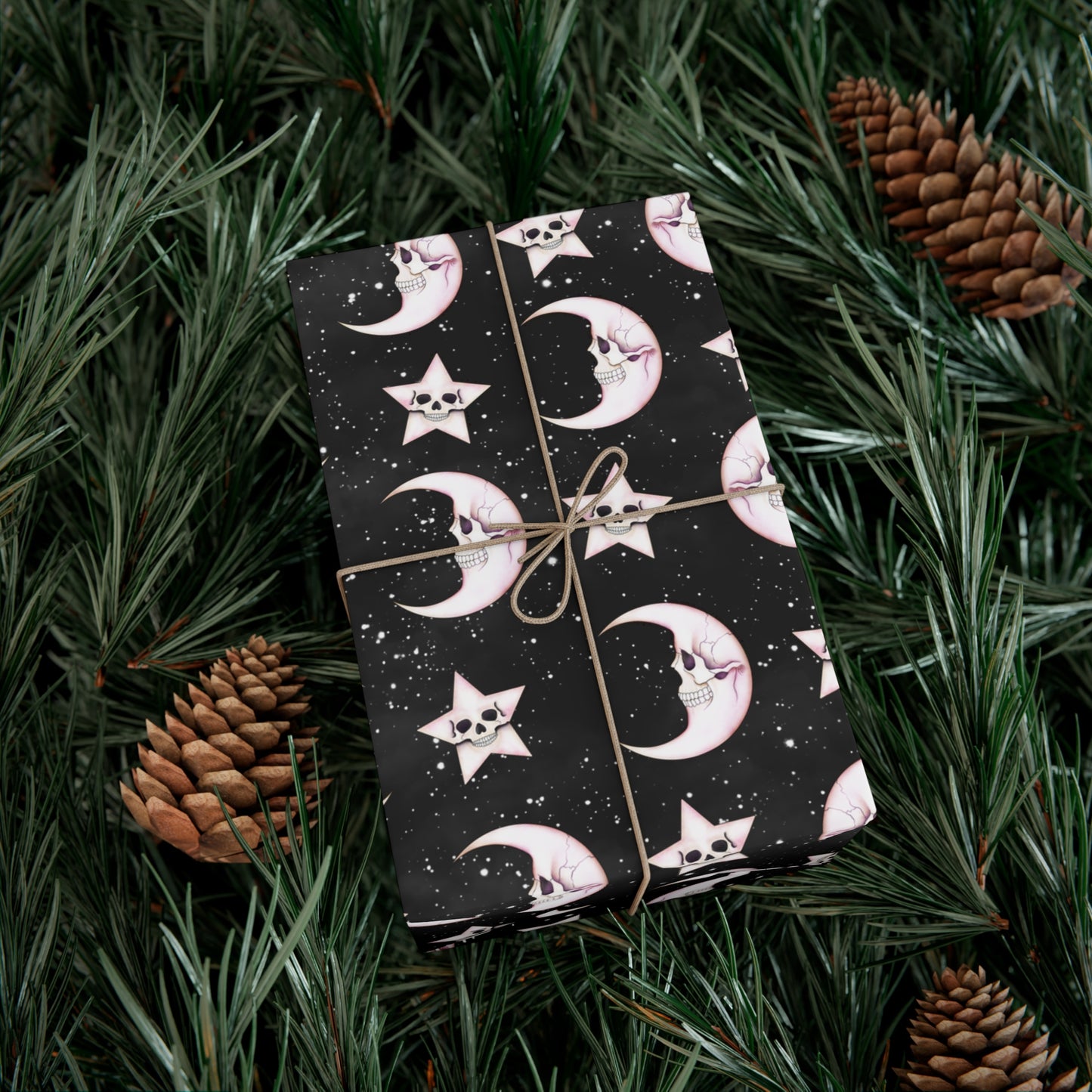 Goth Christmas Celestial Moon & Stars, Whimsical Kawaii Creepmas Black Eco-Friendly Gift Wrap