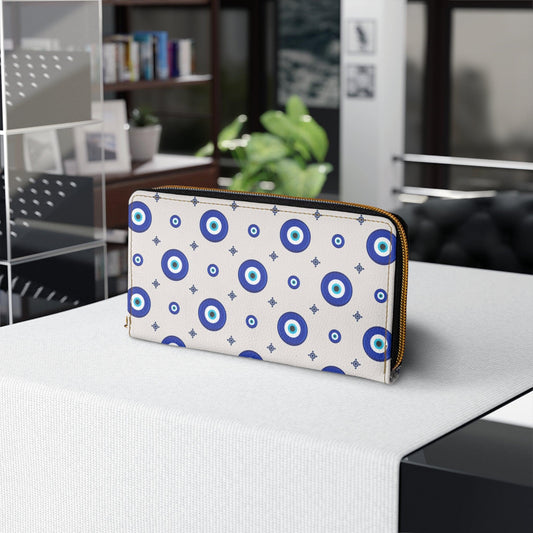 Evil Eye Mystical Blue, White and Grey Zipper Wallet | lovevisionkarma.com