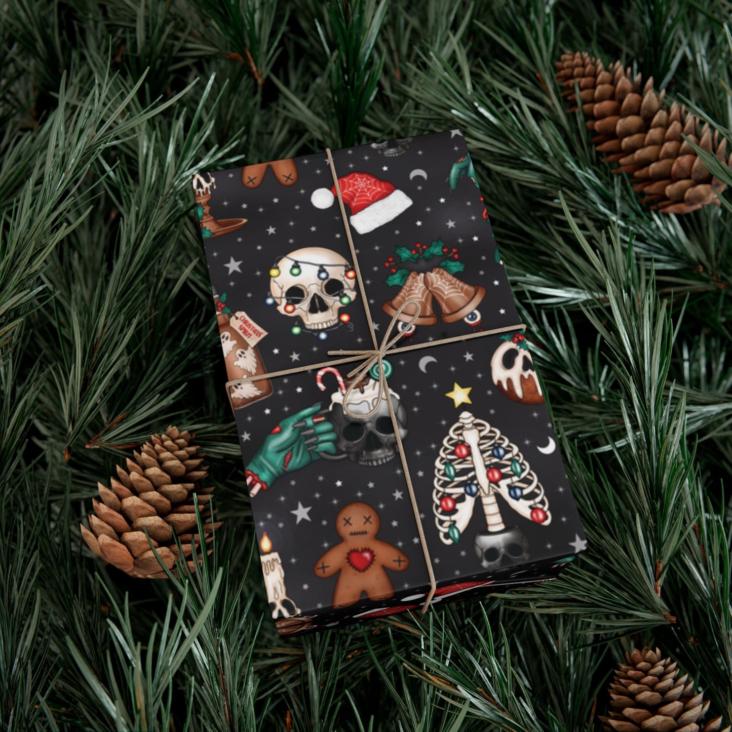 Kitschy Kawaii Goth Christmas, Creepy Cute Whimsigoth Creepmas Black Eco-Friendly Gift Wrap Paper