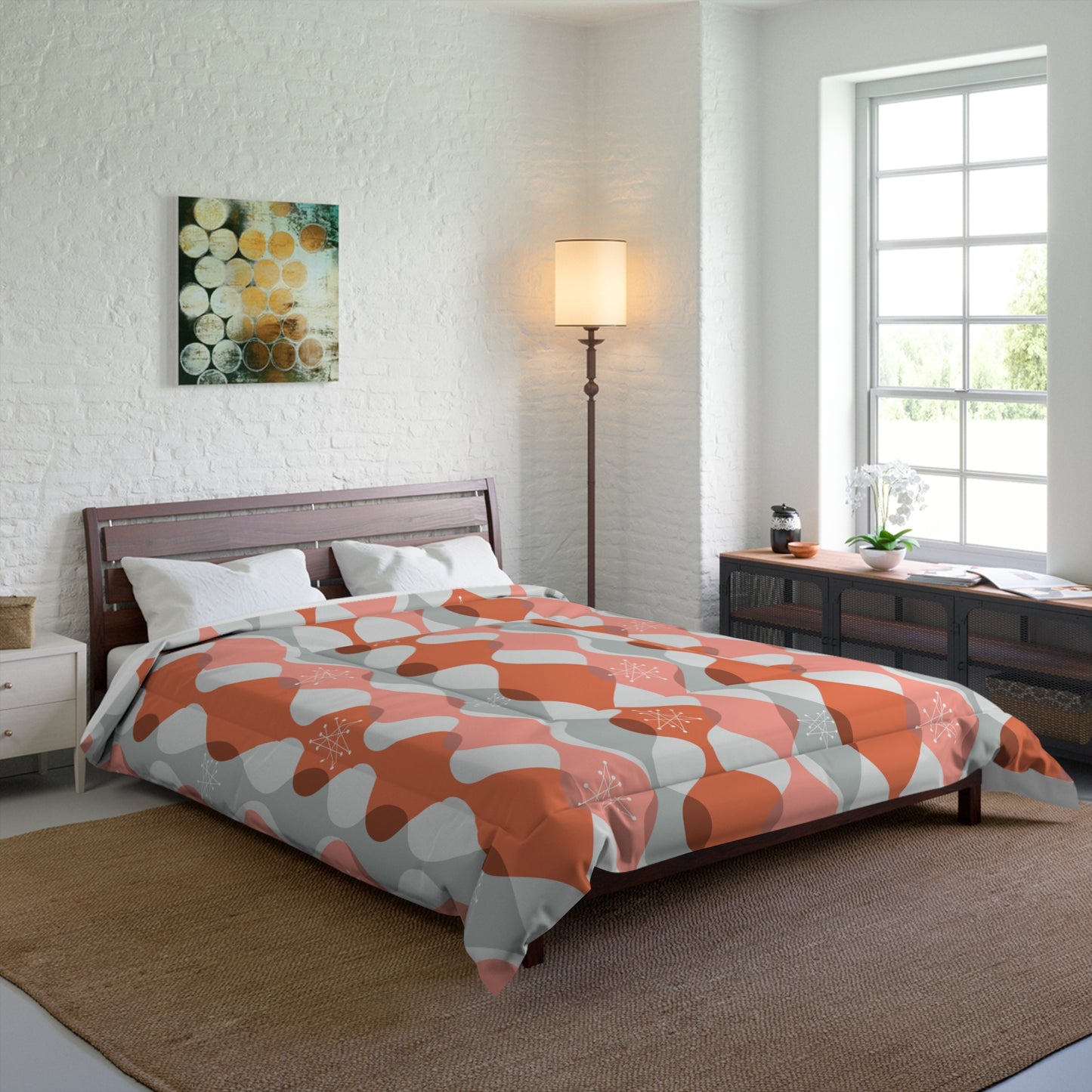 Retro 50's Mid Century Mod Atomic Starbursts & Waves Pink Comforter