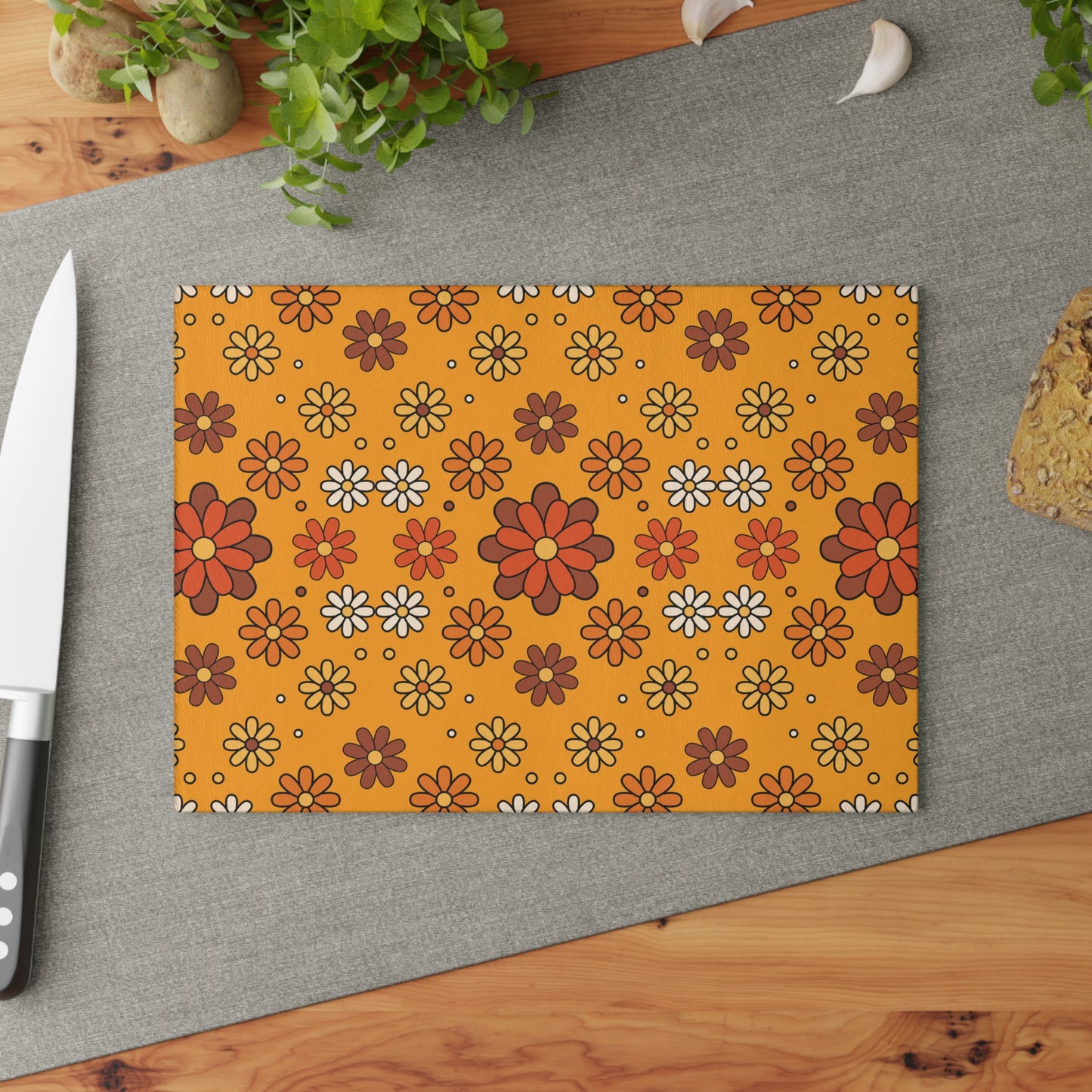 Retro 60s 70s Groovy Mod Daisy Floral Mid Century Orange & Brown Glass Cutting Board