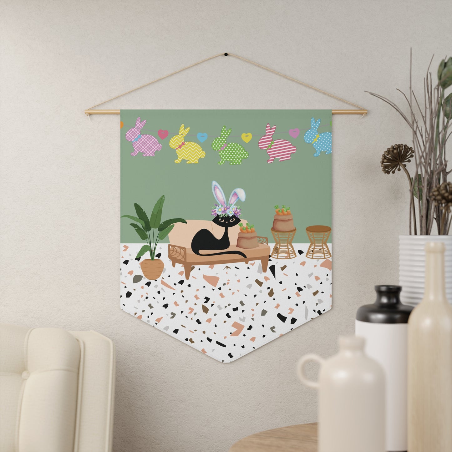 Retro Easter Atomic Cat Mid Century Mod Colorful Pennant