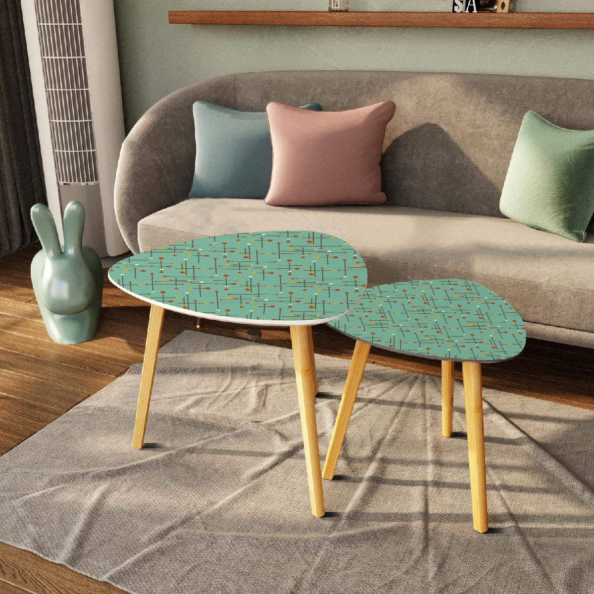 Retro 50's Eames Inspired Mid Century Mod Lines Teal Blue Nesting Accent Tables