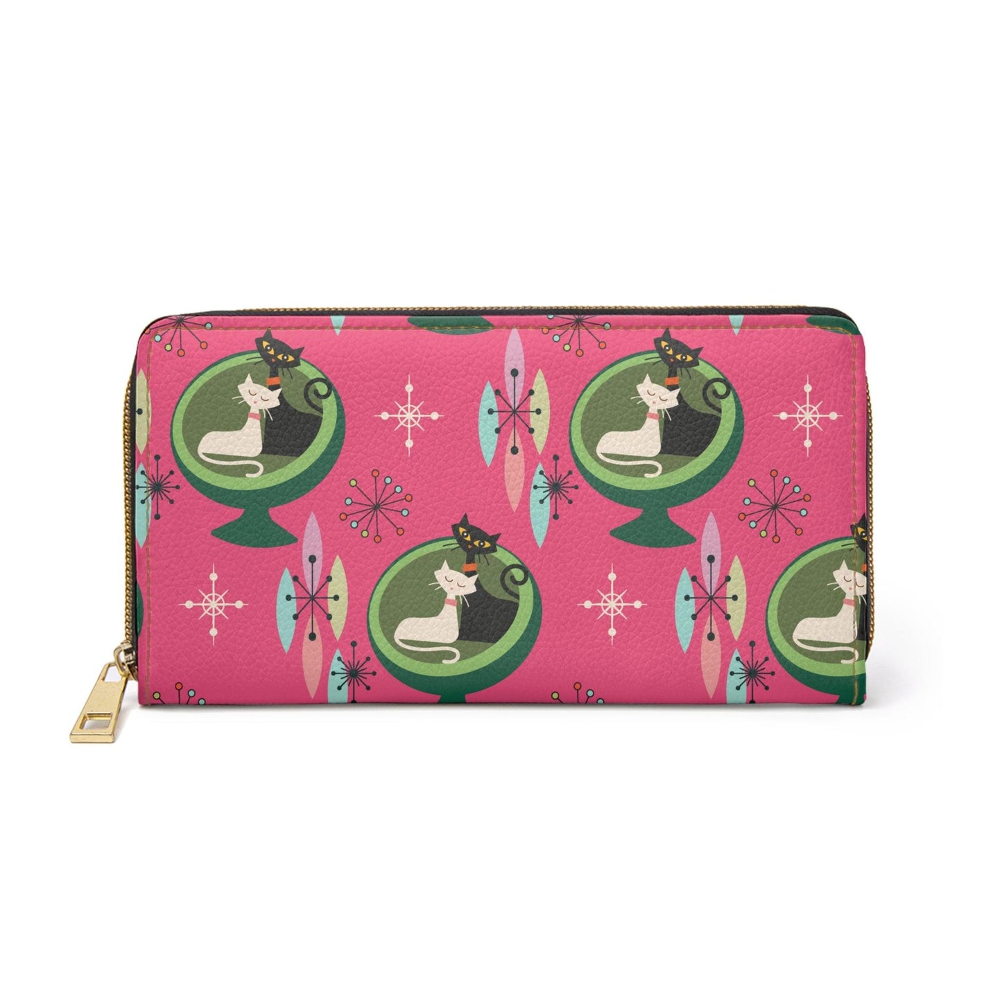Retro 50s 60s Atomic Cats in Ball Chair Mid Century Mod Pink Zipper Wallet | lovevisionkarma.com