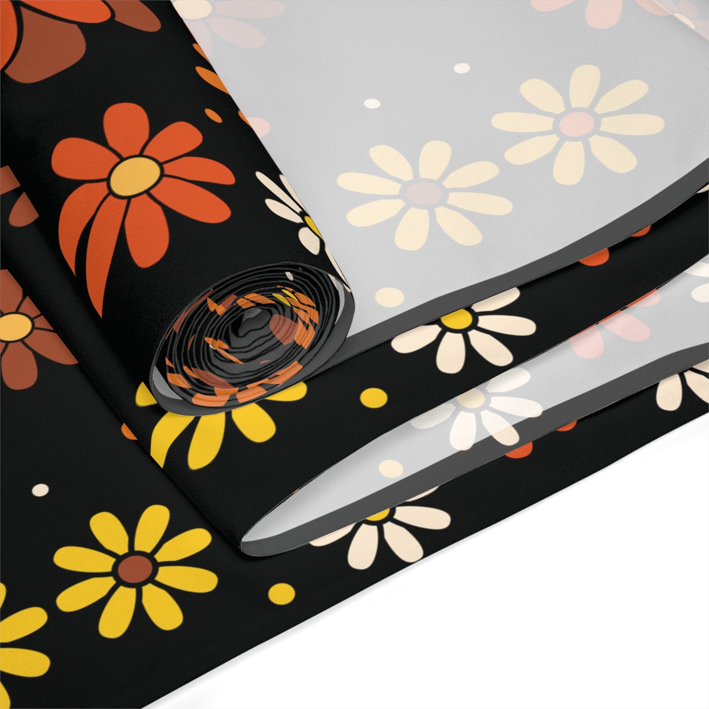Retro 60s 70s Groovy Mod Daisy Floral Mid Century Black, Brown & Orange Table Runner