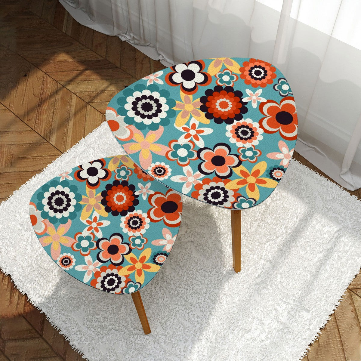 Retro 60s 70s Groovy Flowers Boho MCM Blue, Coral & Yellow Nesting Accent Tables