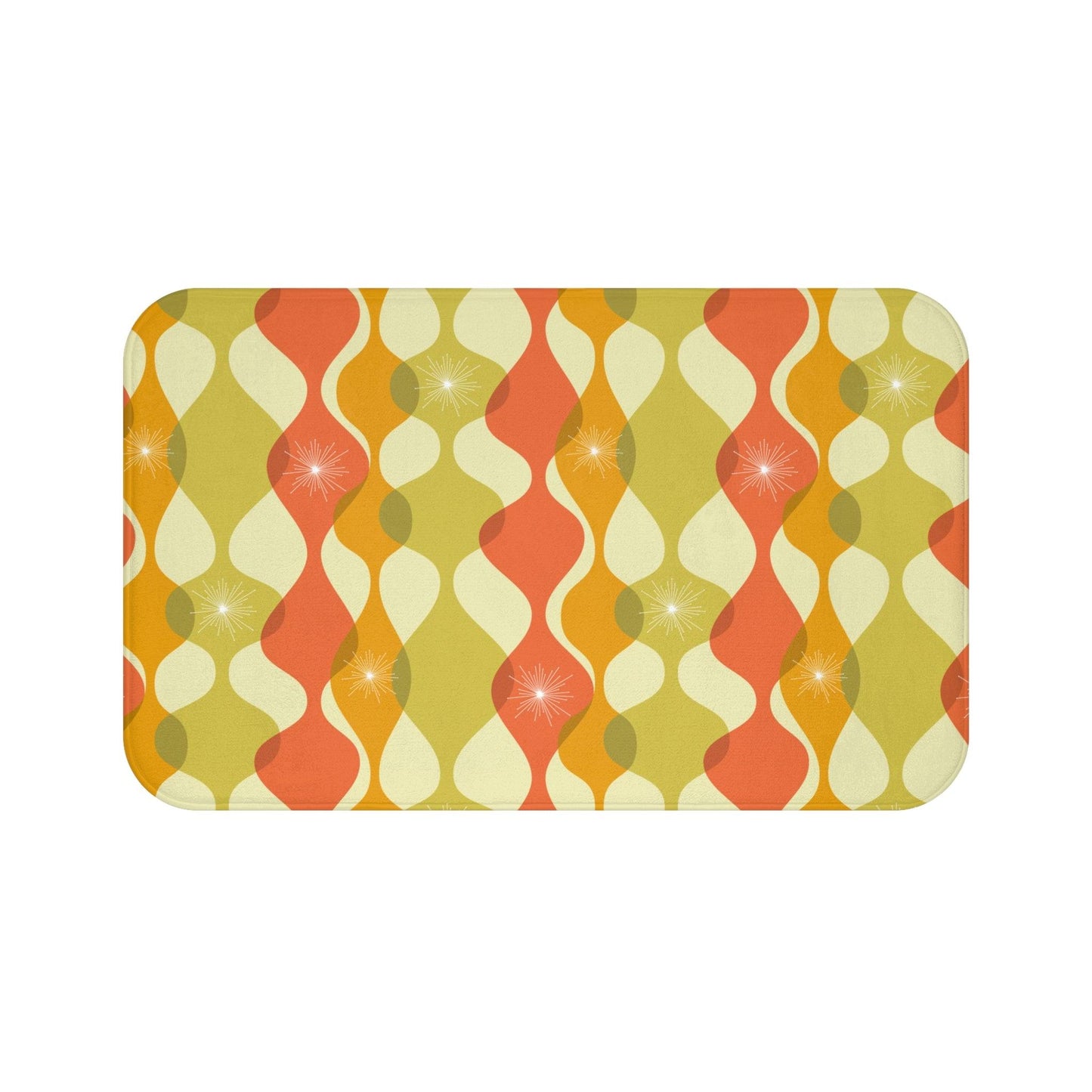 Retro 60s 70s Mid Century Mod Abstract Green, Orange & Mustard Bath Mat | lovevisionkarma.com