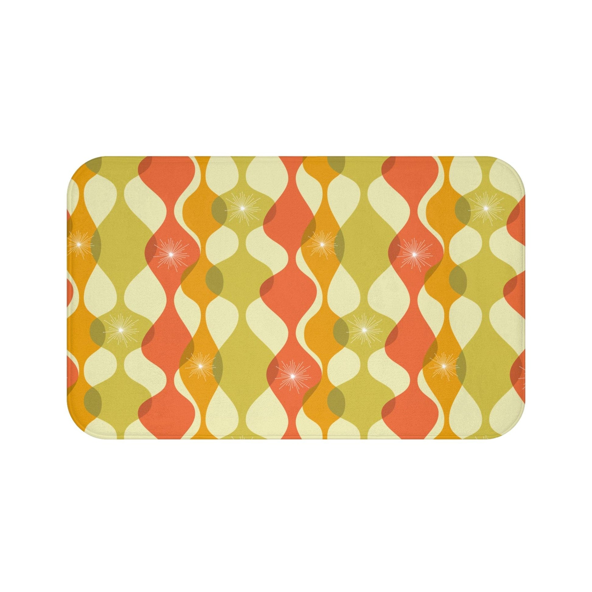 Retro 60s 70s Mid Century Mod Abstract Green, Orange & Mustard Bath Mat | lovevisionkarma.com