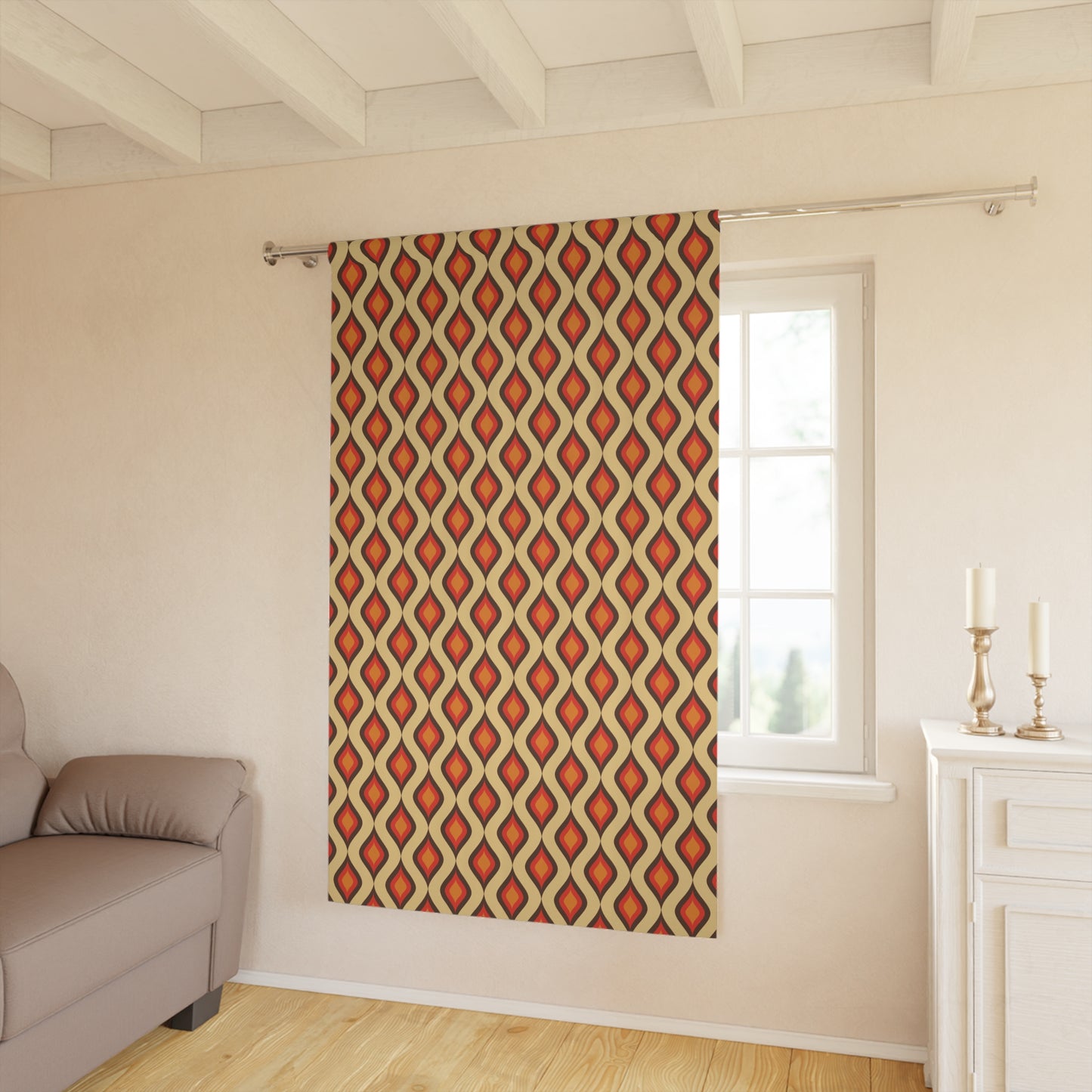 Retro 60s 70s Mid Century Mod Funky Geometric Mustard, Orange & Brown Blackout Window Curtain