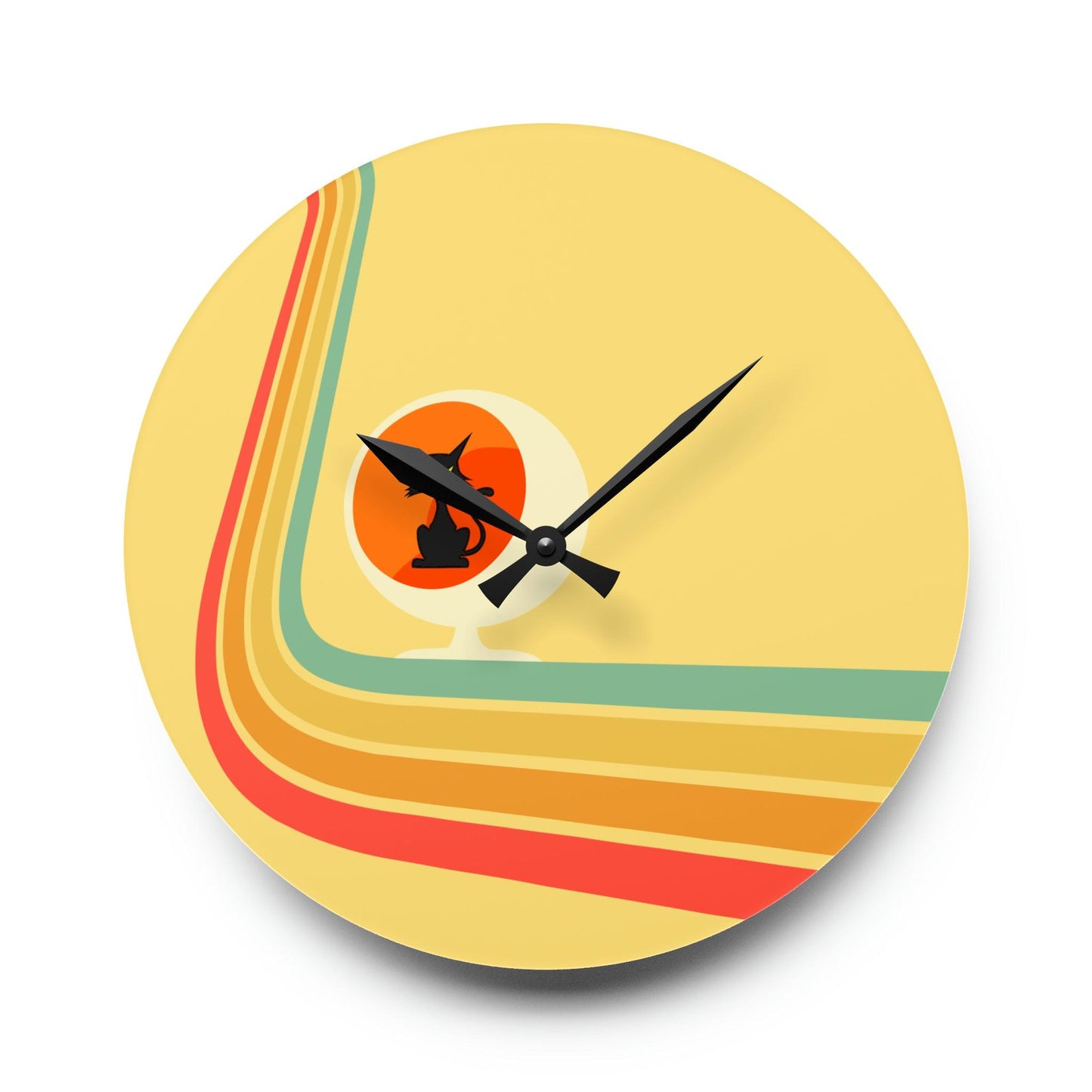 Retro Atomic Cat in Ball Chair, Yellow Mid Century Mod Acrylic Wall Clock | lovevisionkarma.com