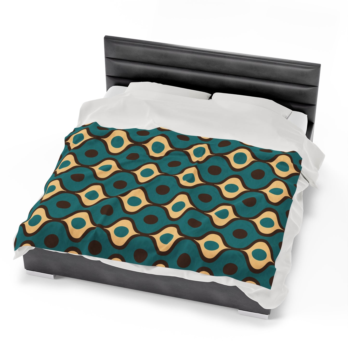 Retro 60s 70s Mid Century Mod Funky Geo Blue, Cream & Brown Lightweight Velveteen Blanket