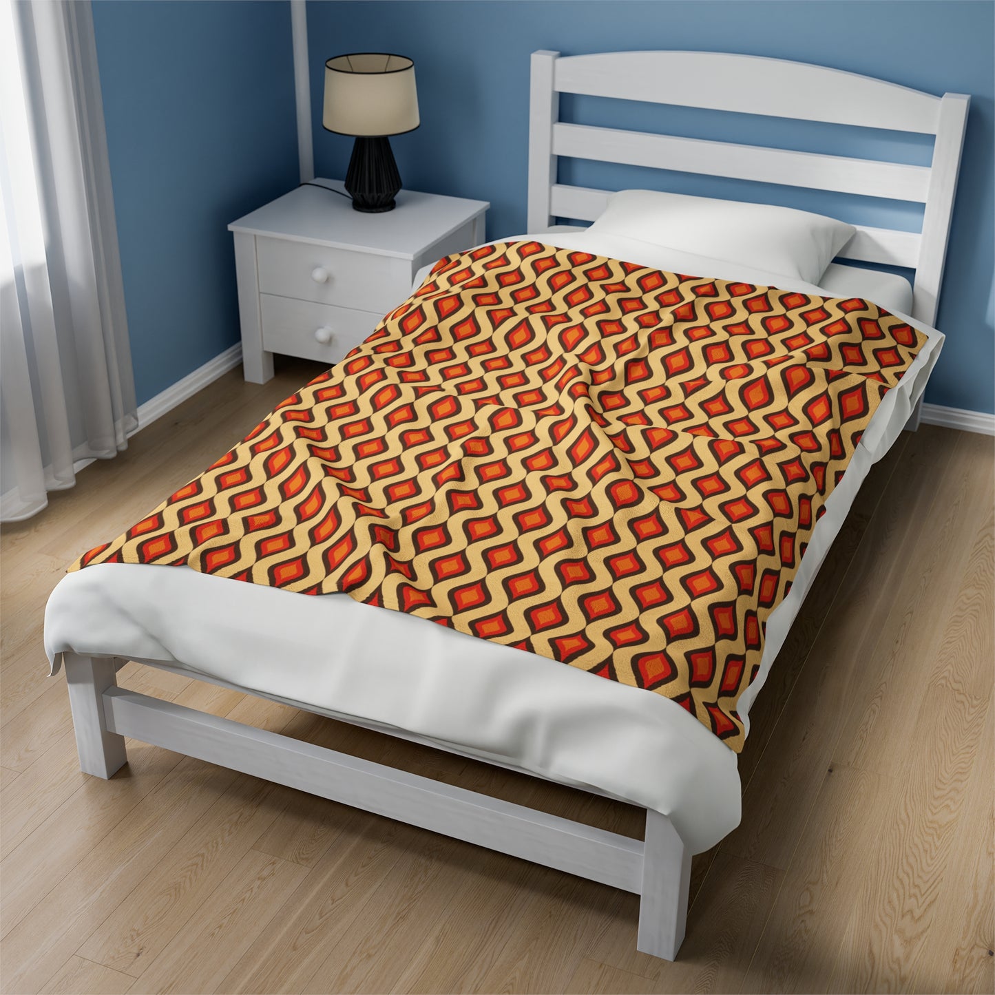 Retro 60s 70s Mid Century Mod Funky Geo Mustard, Orange & Brown Lightweight Velveteen Blanket