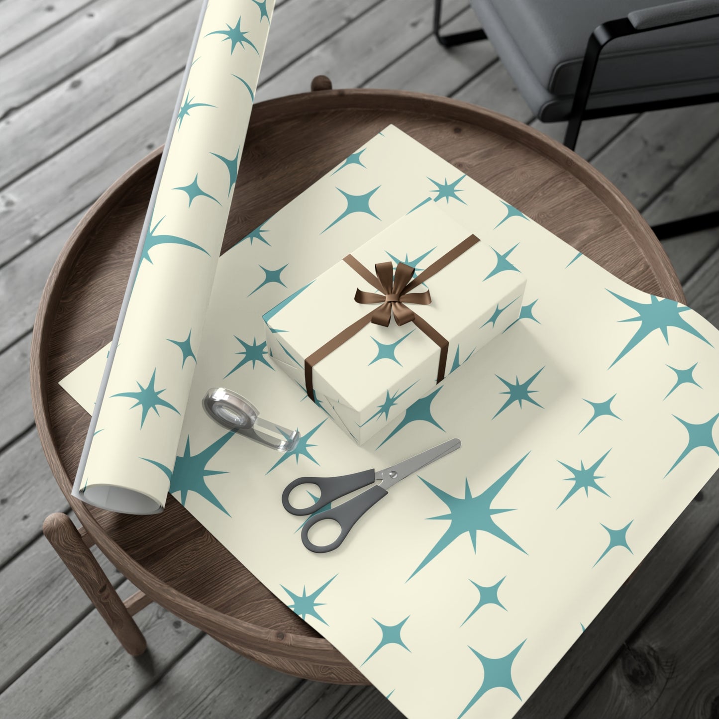 Large Starburst Version of Retro Atomic Starburst MCM Off-White & Blue Gift Wrapping Paper