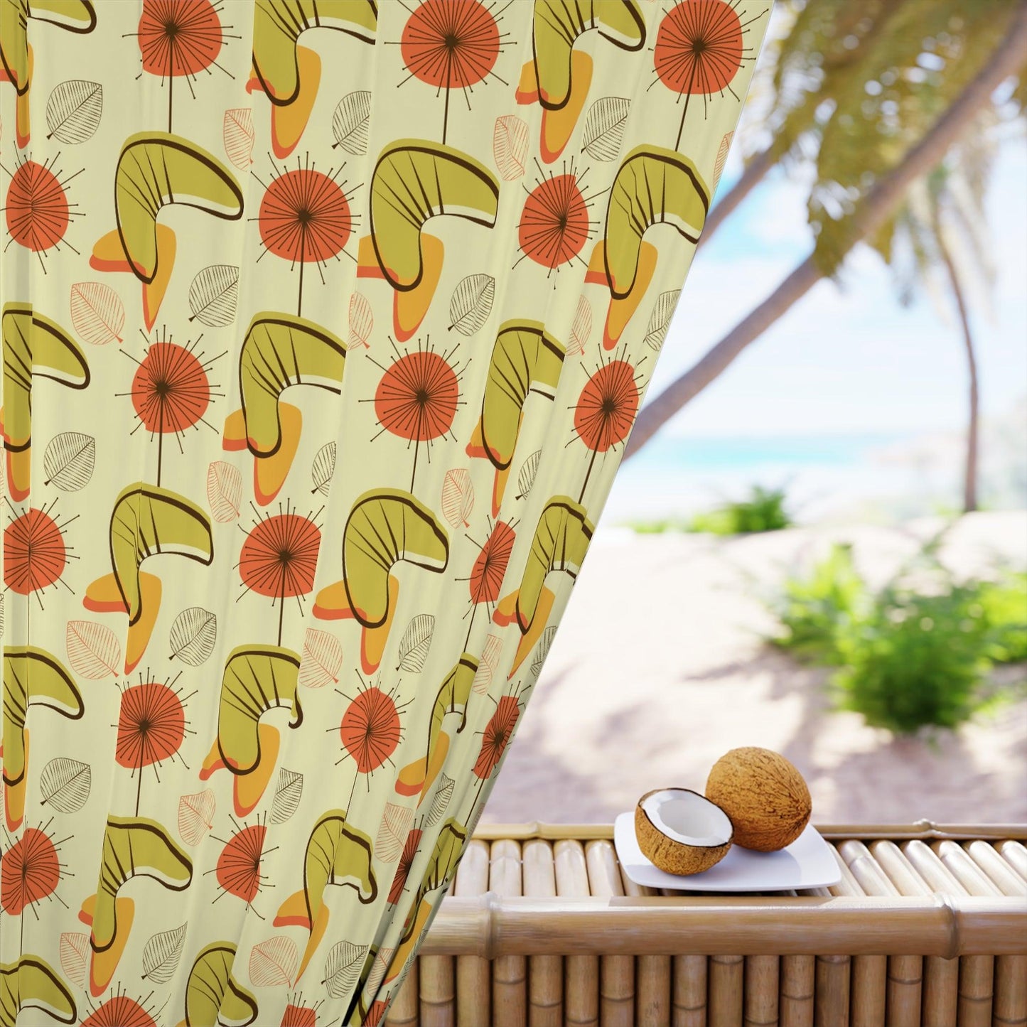 Retro Atomic Boomerangs & Leaves MCM Orange, Green & Yellow Blackout Window Curtain | lovevisionkarma.com
