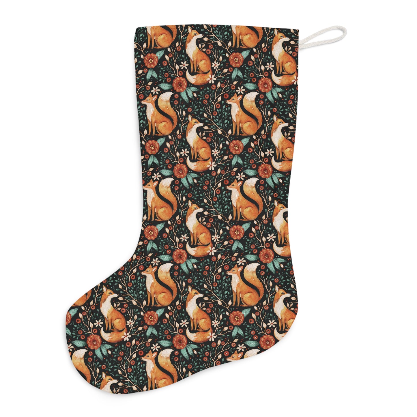 Enchanted Woodland Fox, Dark Cottagecore Watercolor Style, Black Yule Christmas Stocking