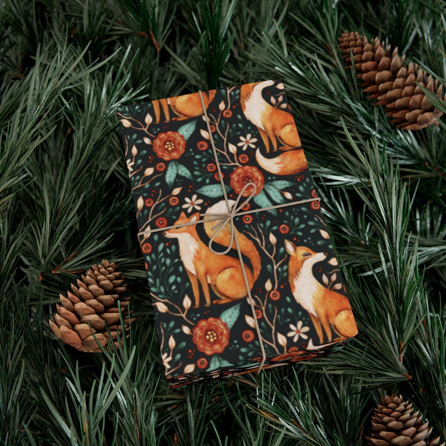 Enchanted Woodland Fox, Dark Cottagecore Watercolor Style Black Eco-Friendly Gift Wrap