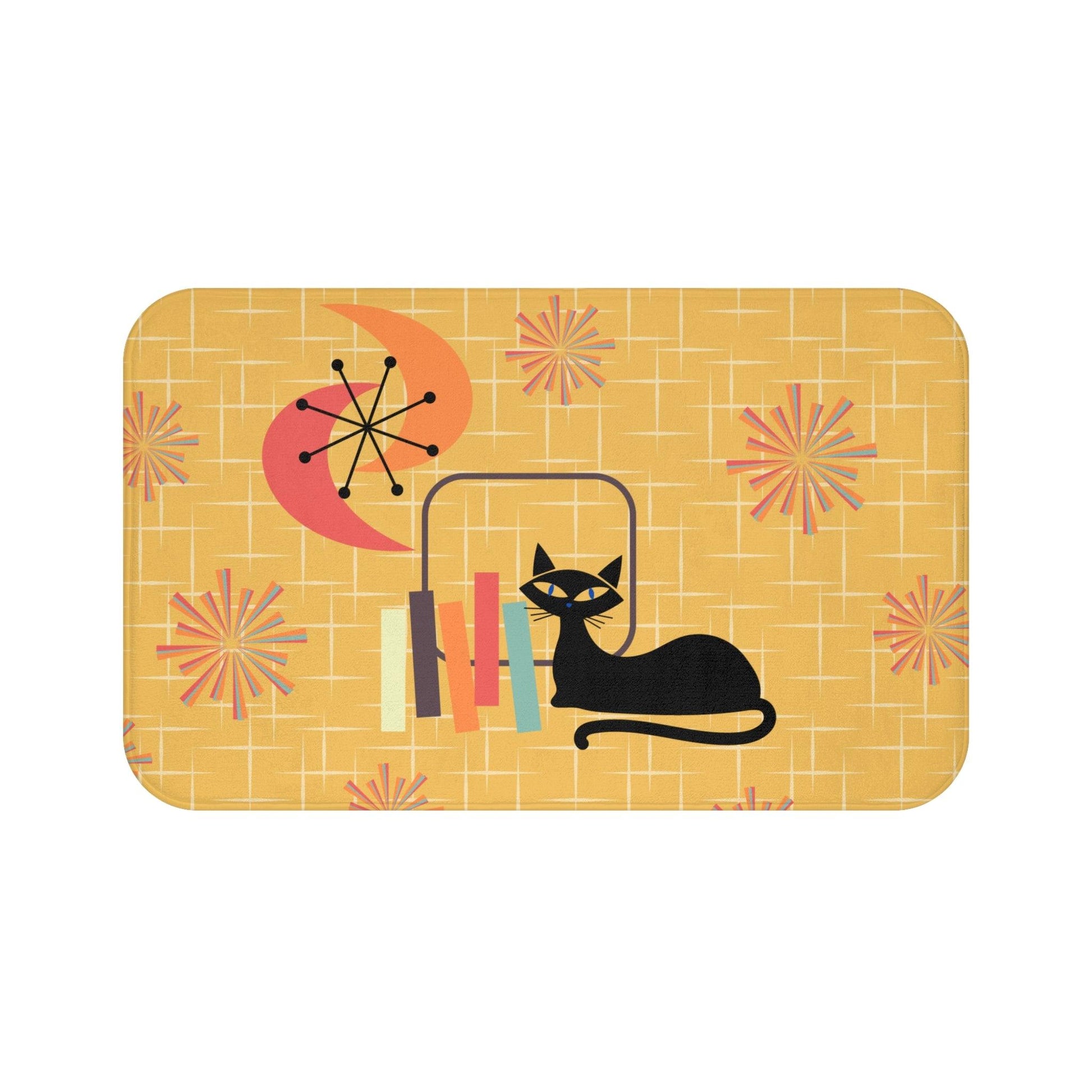 Retro Atomic Cat and Starbursts Mid Century Modern Yellow Bath Mat | lovevisionkarma.com
