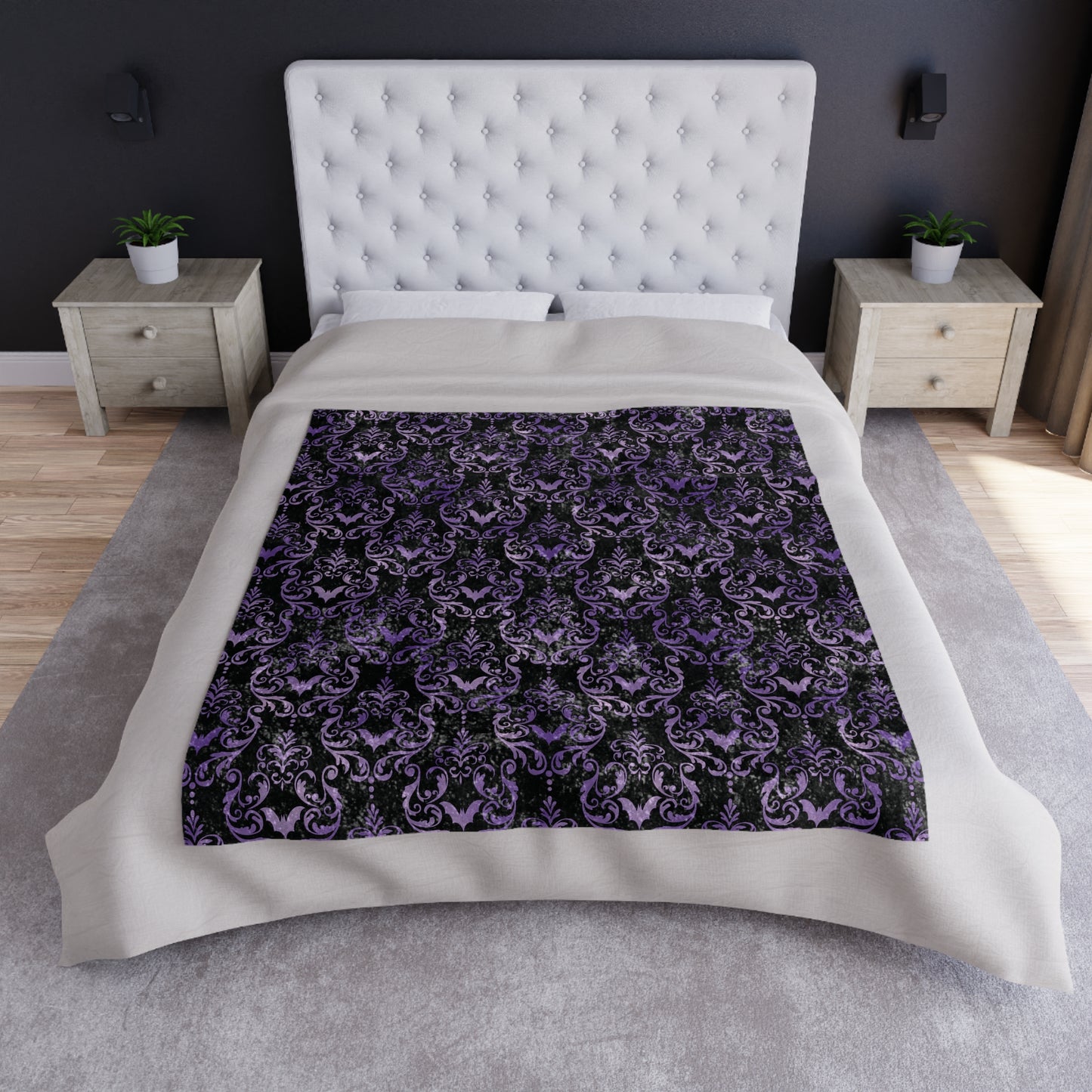Dark Academia Damask Bat, Victorian Goth Inspired Purple & Black Glam Goth Crushed Velvet Blanket