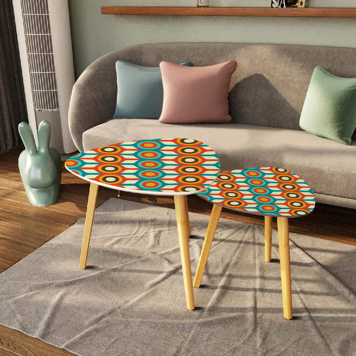 Retro 50s 60s Mid Century Mod Geometric Circles Blue, Orange & Brown Nesting Accent Tables