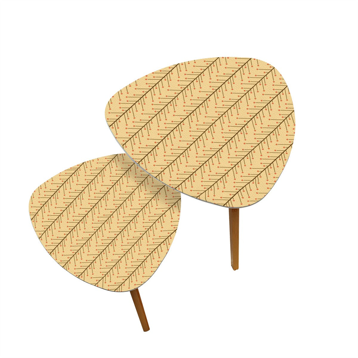 Retro 50s Mid Century Mod, Minimalist Scandi Trees, Vines Yellow Beige Nesting Tables