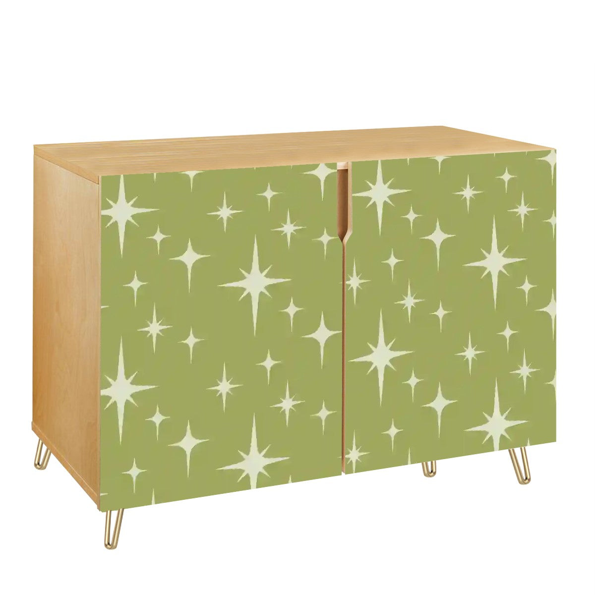 Retro 50s Atomic Starburst Mid Century Modern Chartreuse Green Sideboard, Credenza, Wooden Storage Cabinet