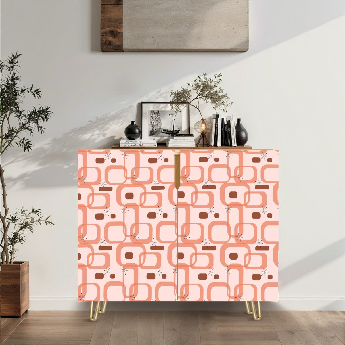 Retro 50s 60s Pink Mod Links and Bursts Mid Century Modern Sideboard, Credenza, Wooden Storage Cabinet