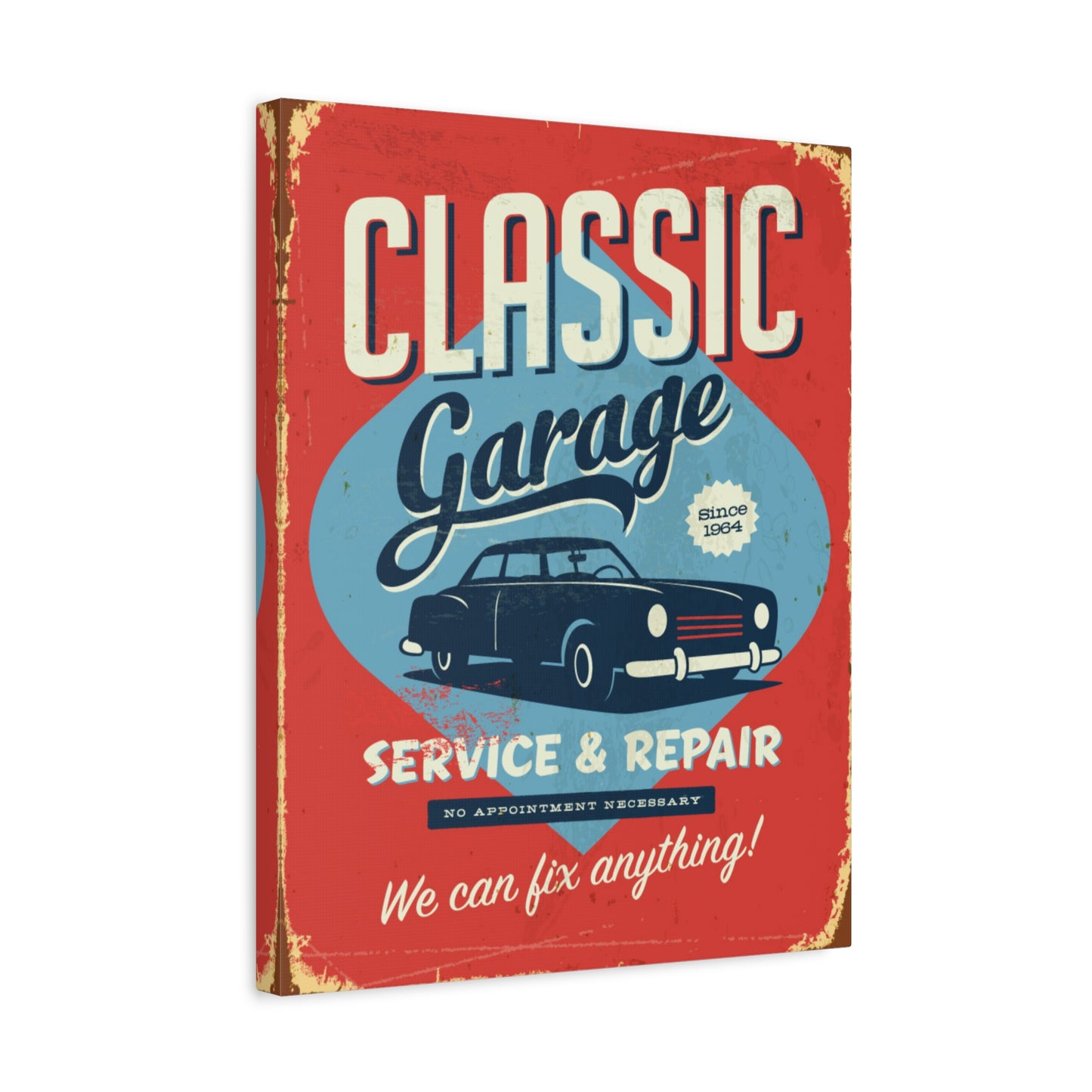 Retro 1950's Classic Car Garage Sign Mid Century Modern Orange & Blue Canvas Wall Art