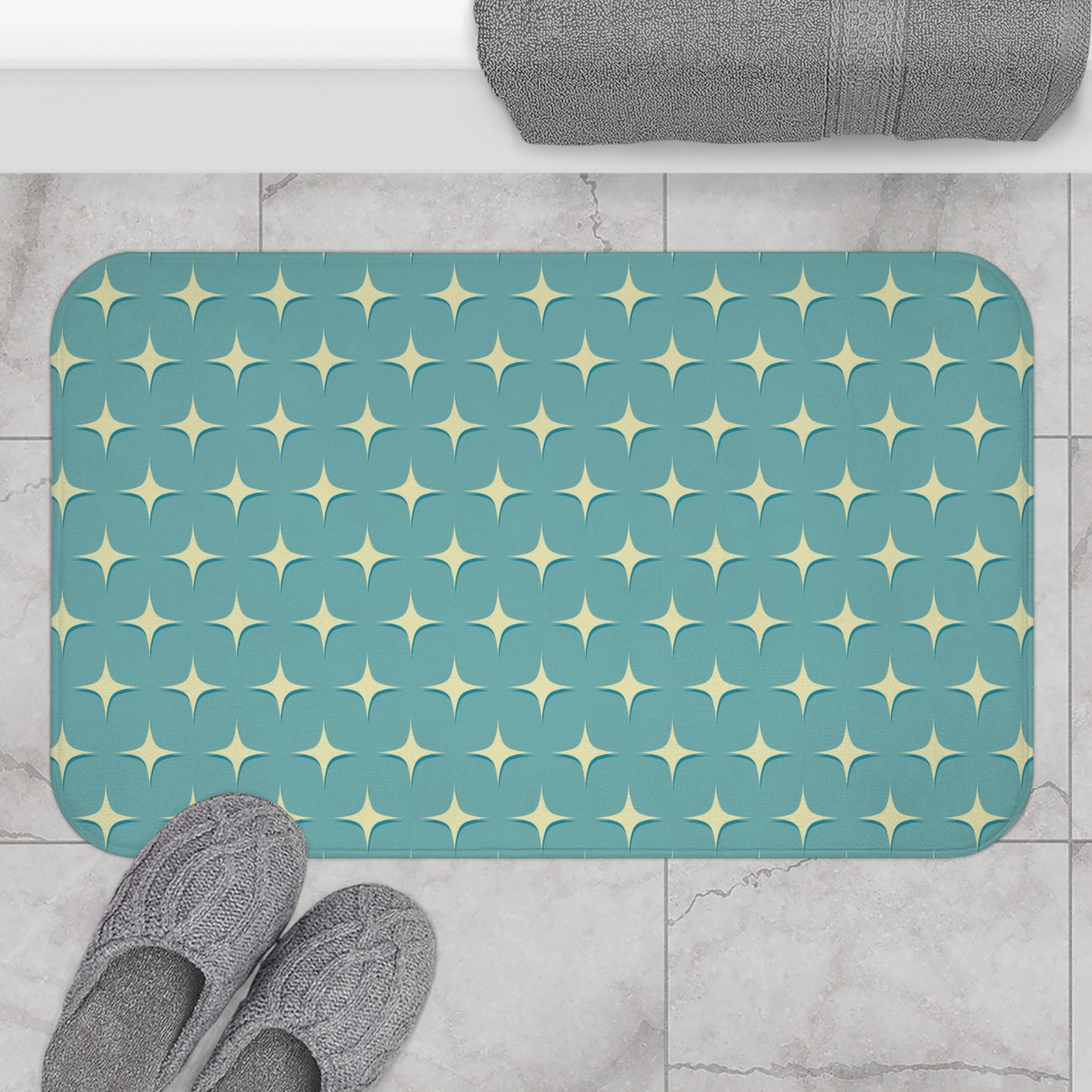 Retro 50s Atomic Starburst Mid Century Mod Blue Bath Mat