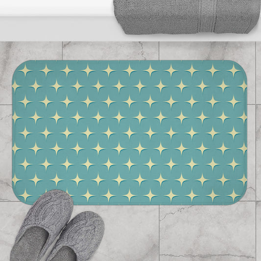 Retro 50s Atomic Starburst Mid Century Mod Blue Bath Mat