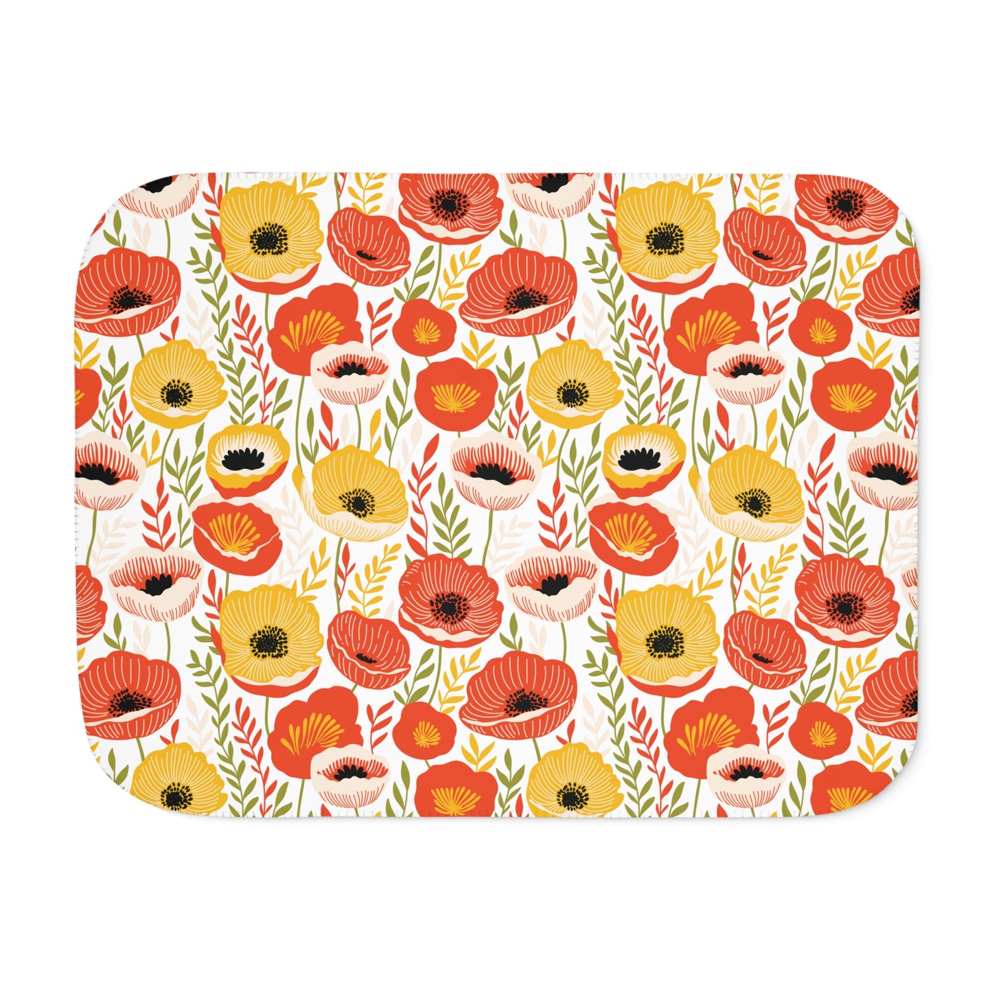 Retro 60's Mid Century Mod Poppies Floral Cottagecore Yellow, Orange & Green Sherpa Blanket